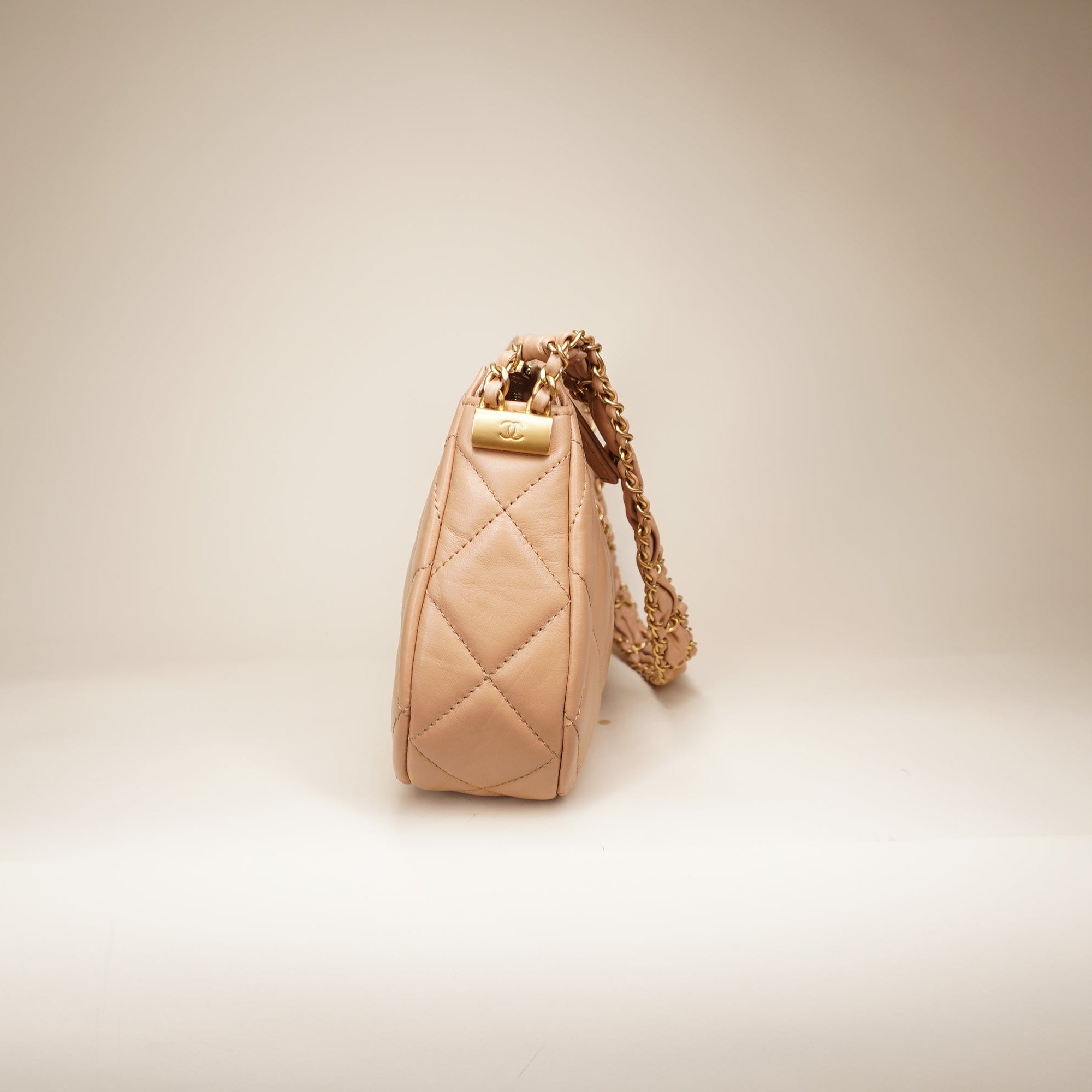 PRE-OWNED  Aged Calfskin Quilted Small Chanel 19 Hobo Beige Shoulder Bag