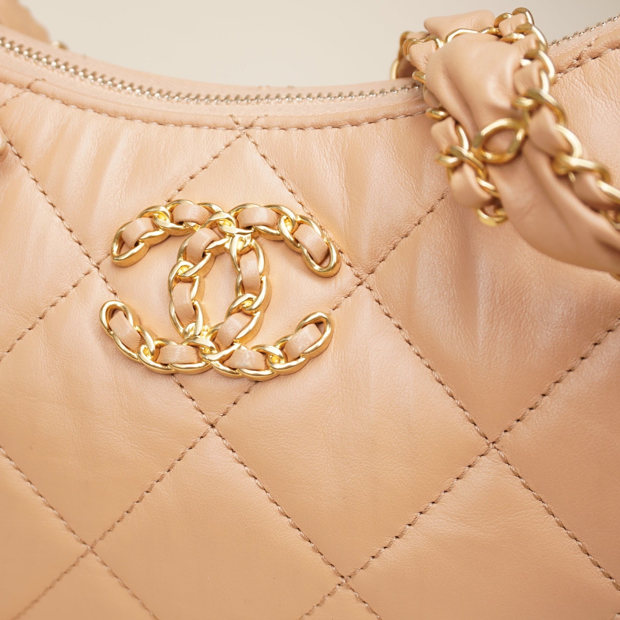 PRE-OWNED Aged Calfskin Quilted Small Chanel 19 Hobo Beige Shoulder Bag