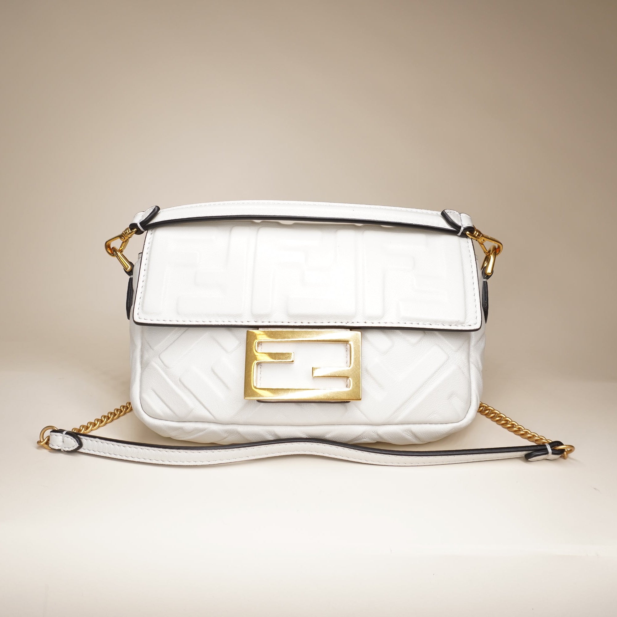 Mini Zucca Embossed Leather Baguette White Shoulder Bag