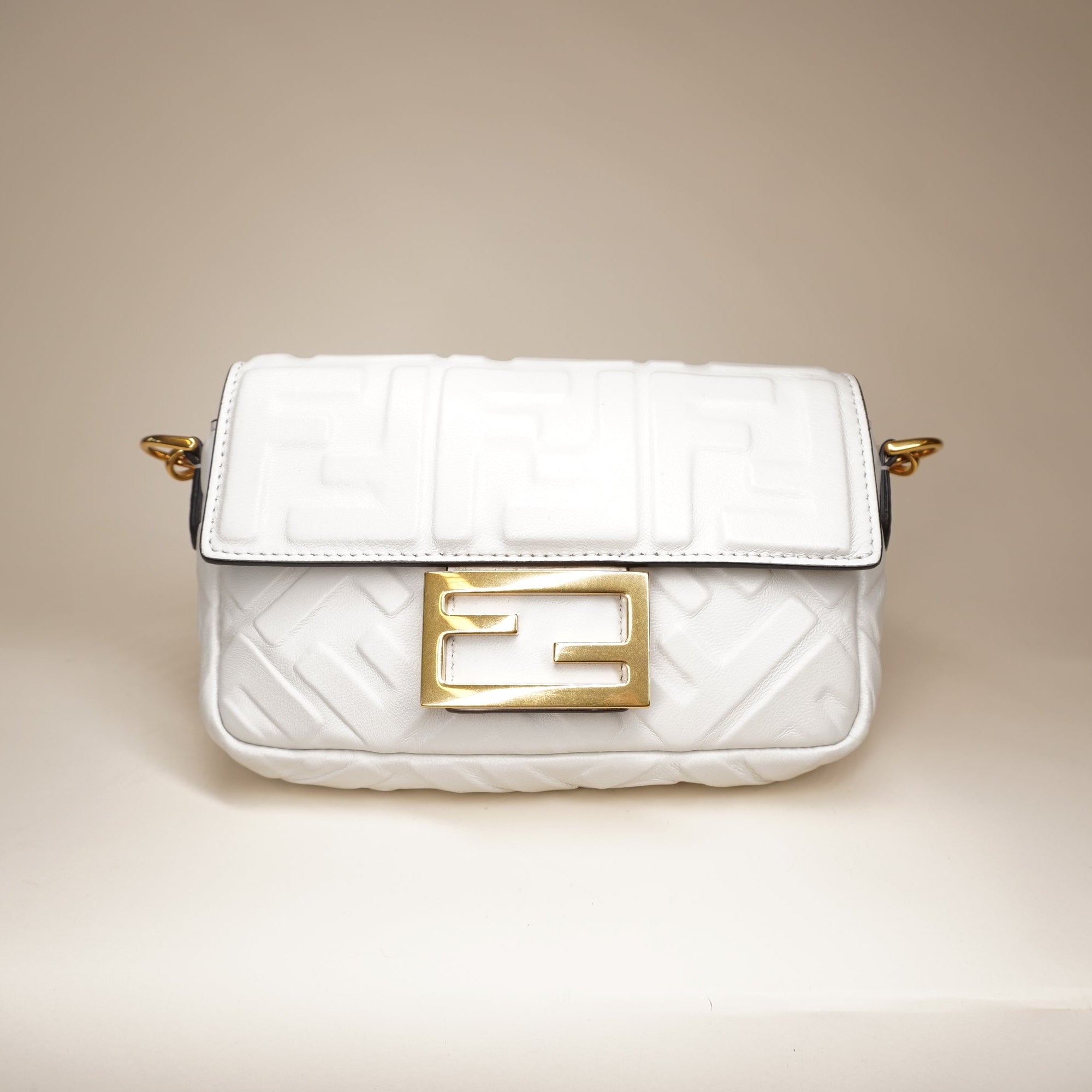 Mini Zucca Embossed Leather Baguette White Shoulder Bag