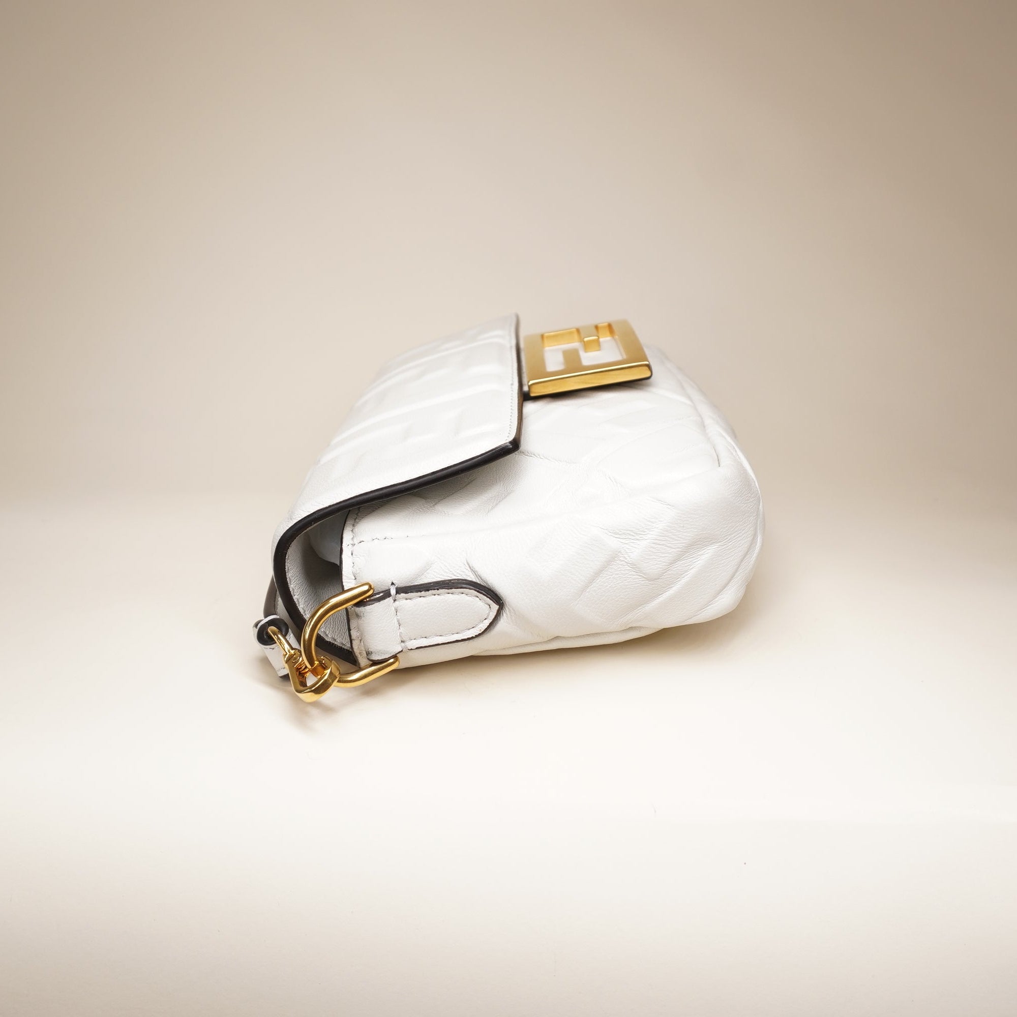 Mini Zucca Embossed Leather Baguette White Shoulder Bag