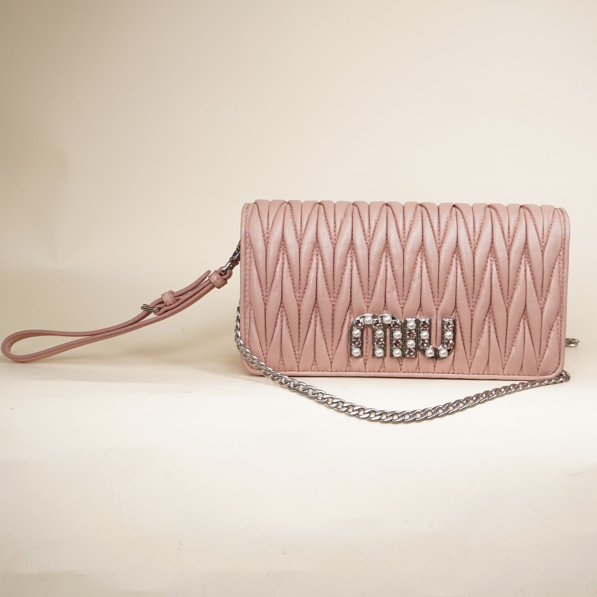 PRE-OWNED Nappa Matelasse Wallet On Chain Orchidea with Pearls