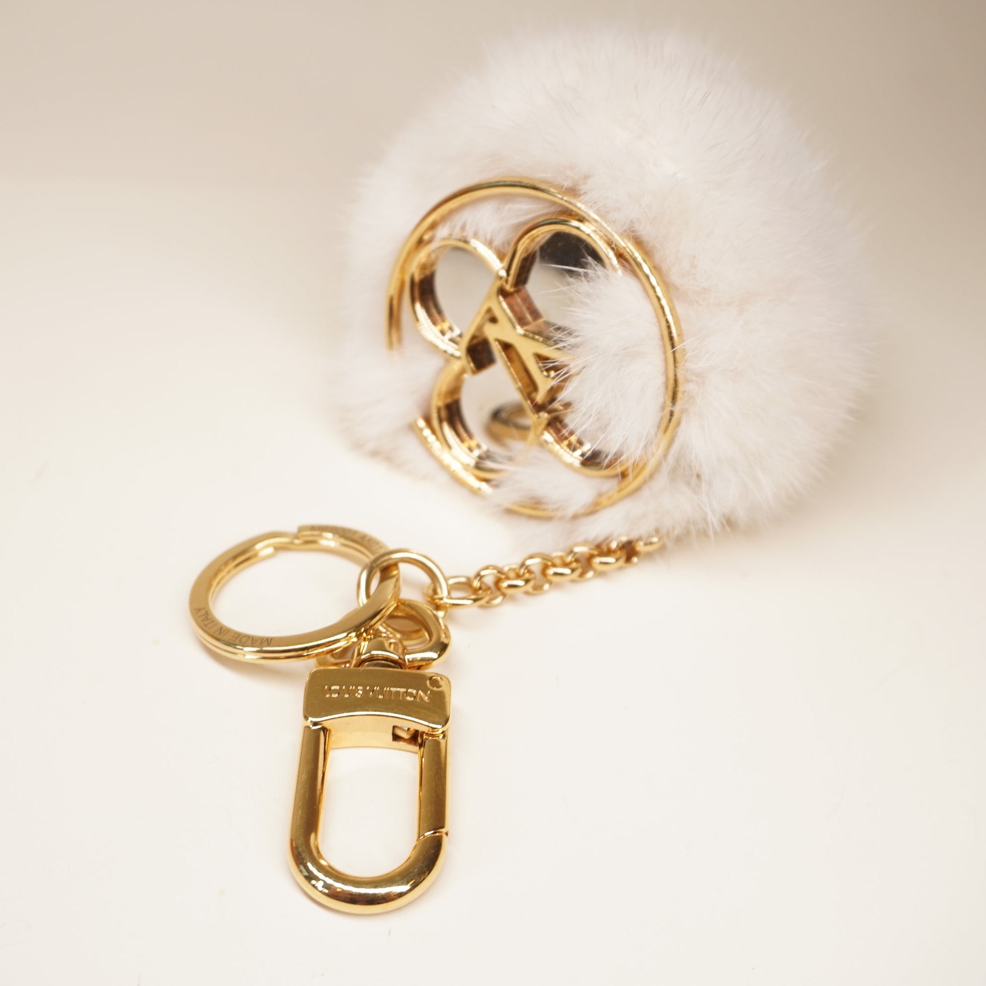 LV Keychain Golden Fur White Bag Charm 