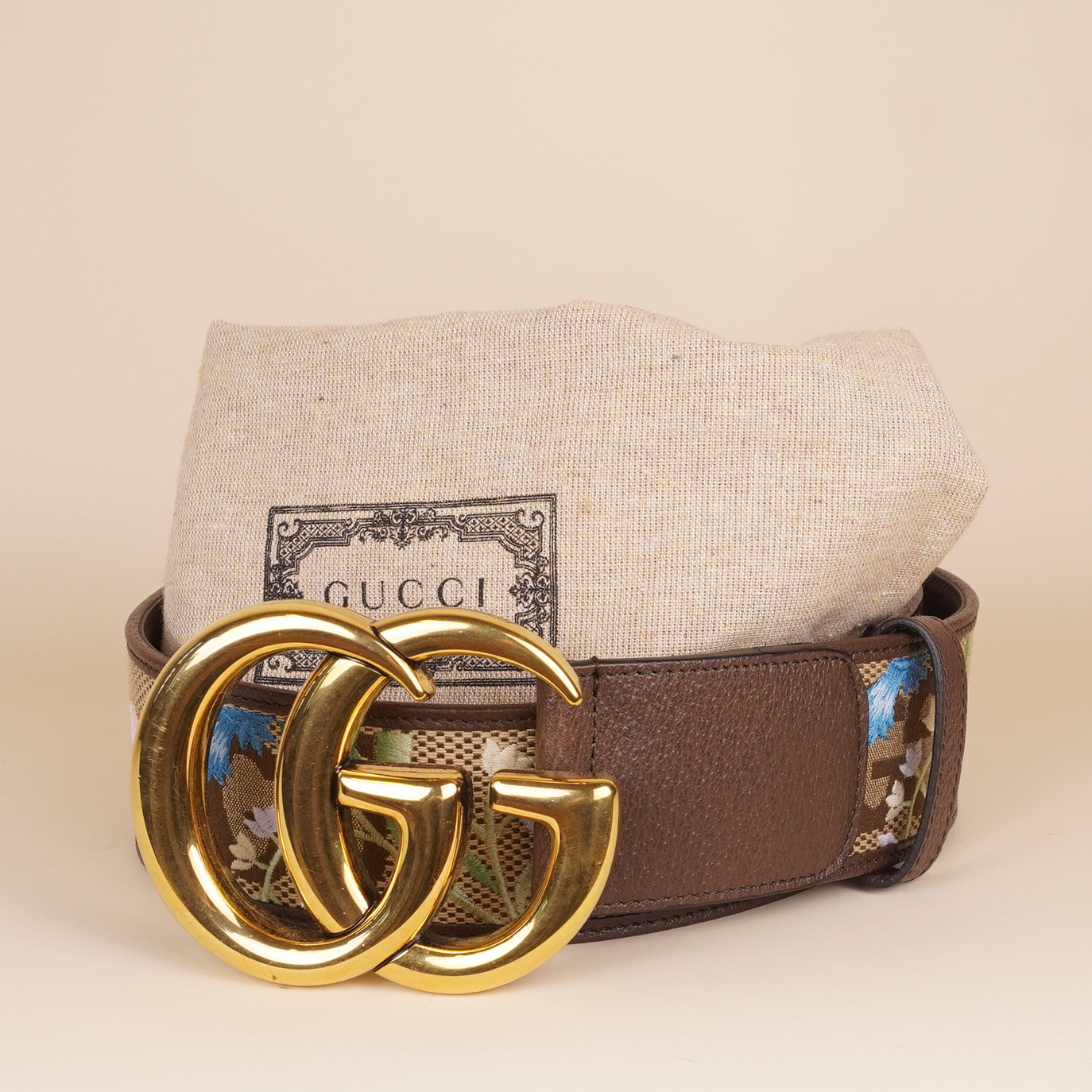 PRE-OWNED GG Flora Print Leather Belt