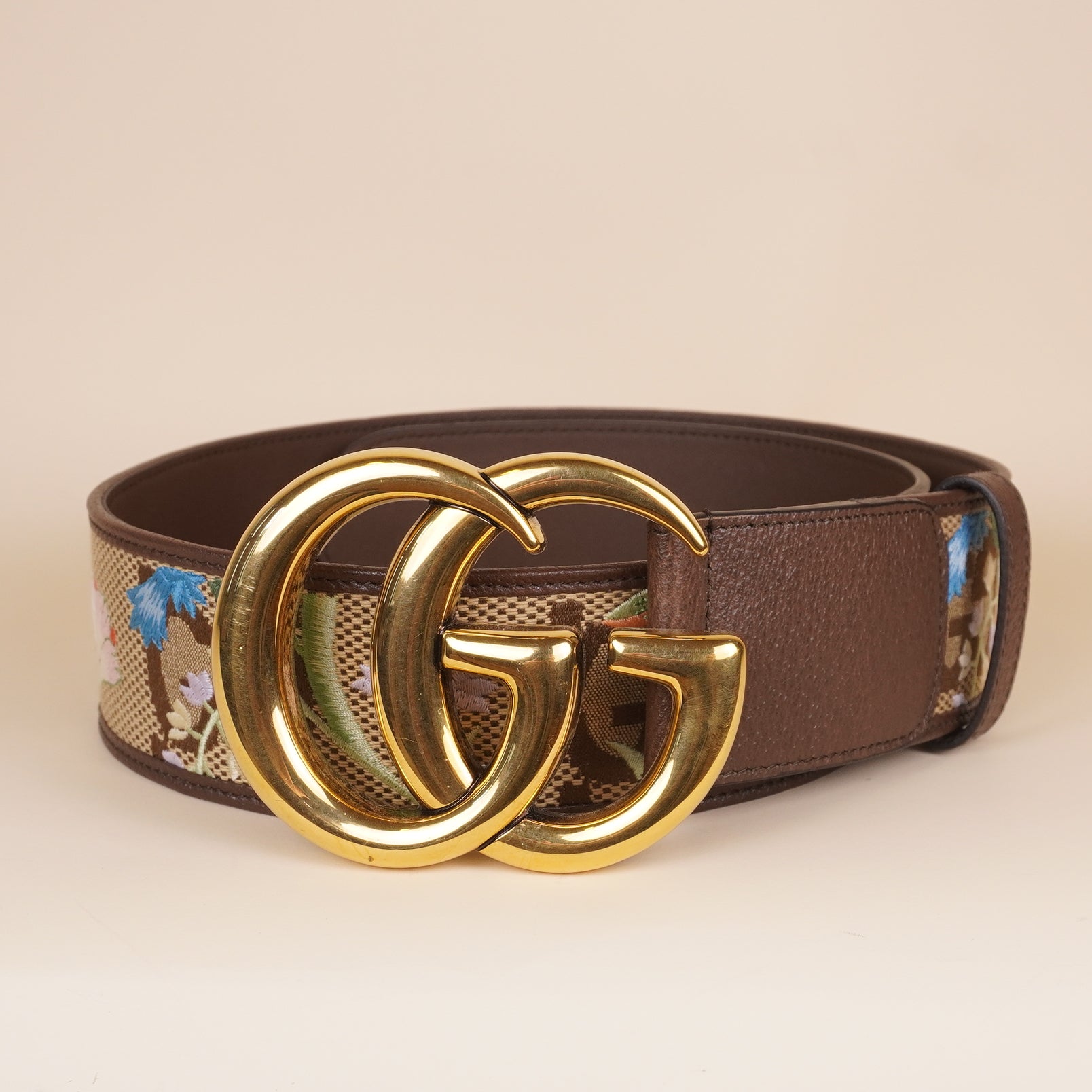 PRE-OWNED GG Flora Print Leather Belt