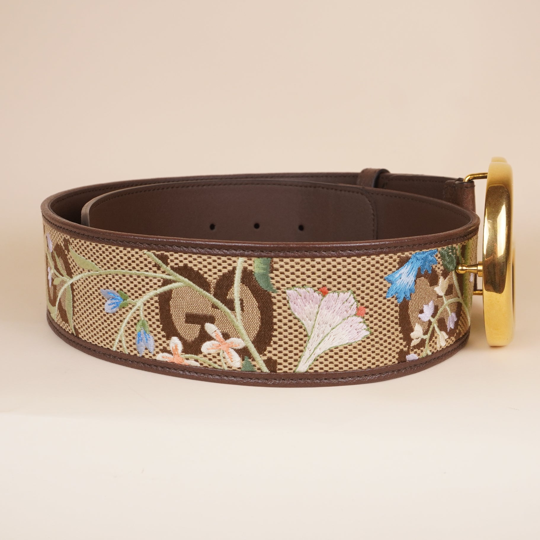 PRE-OWNED GG Flora Print Leather Belt
