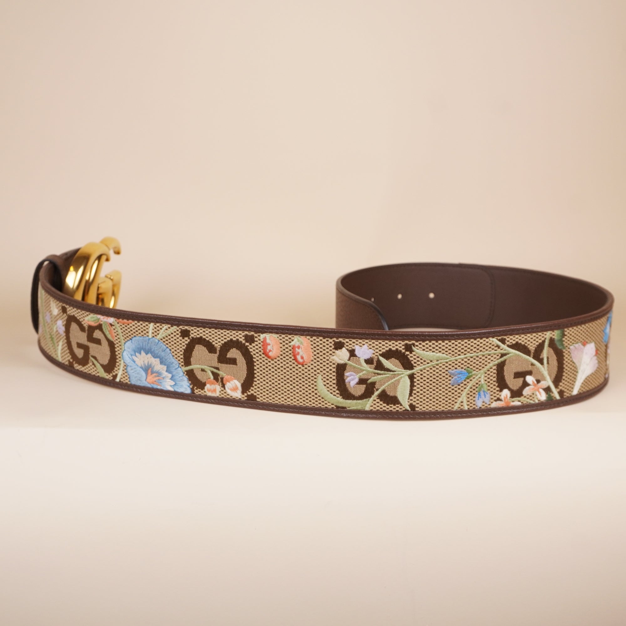 PRE-OWNED GG Flora Print Leather Belt