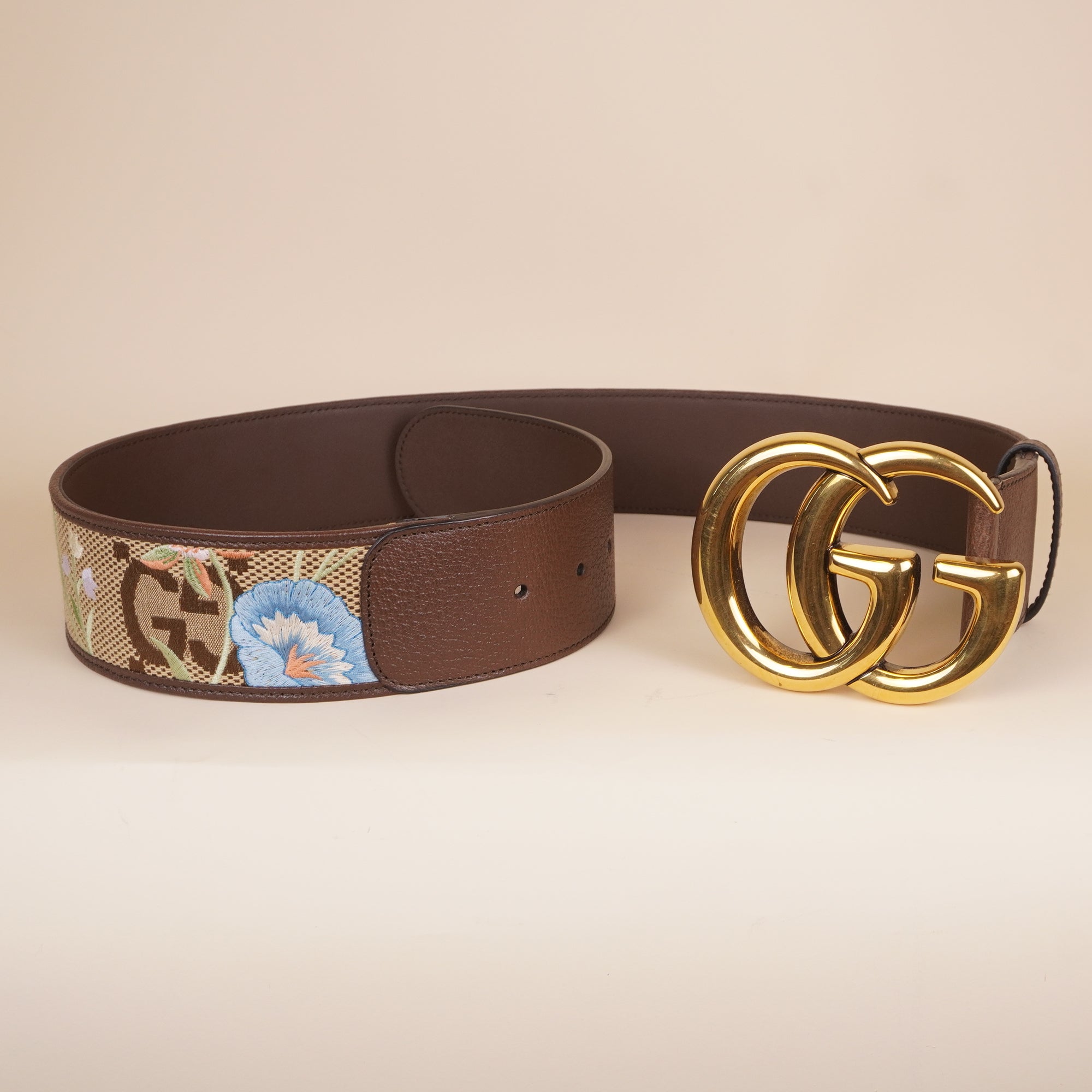 PRE-OWNED GG Flora Print Leather Belt