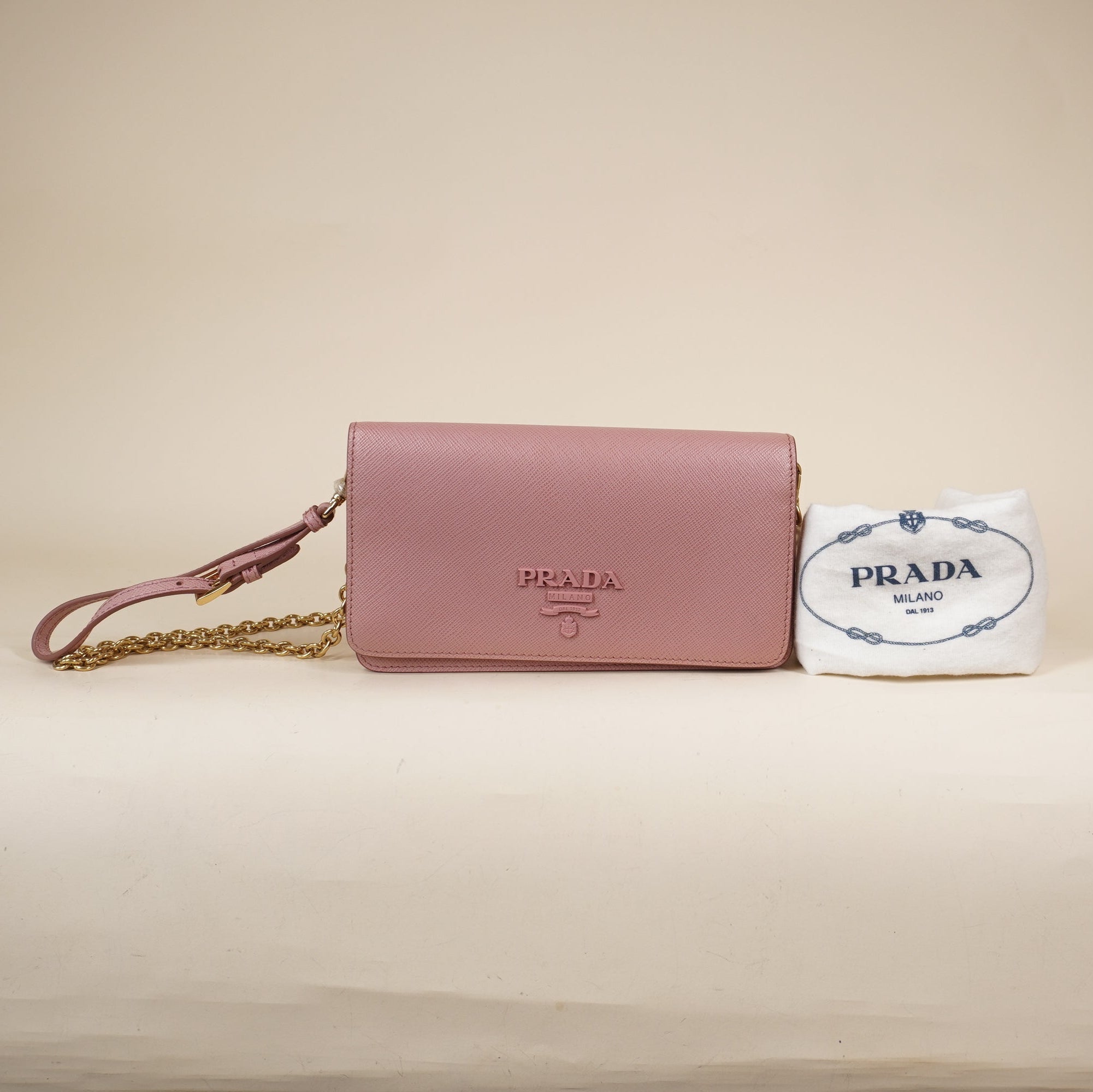 PRE-OWNED Light Pink Cahier Saffiano Leather Wallet on a Chain
