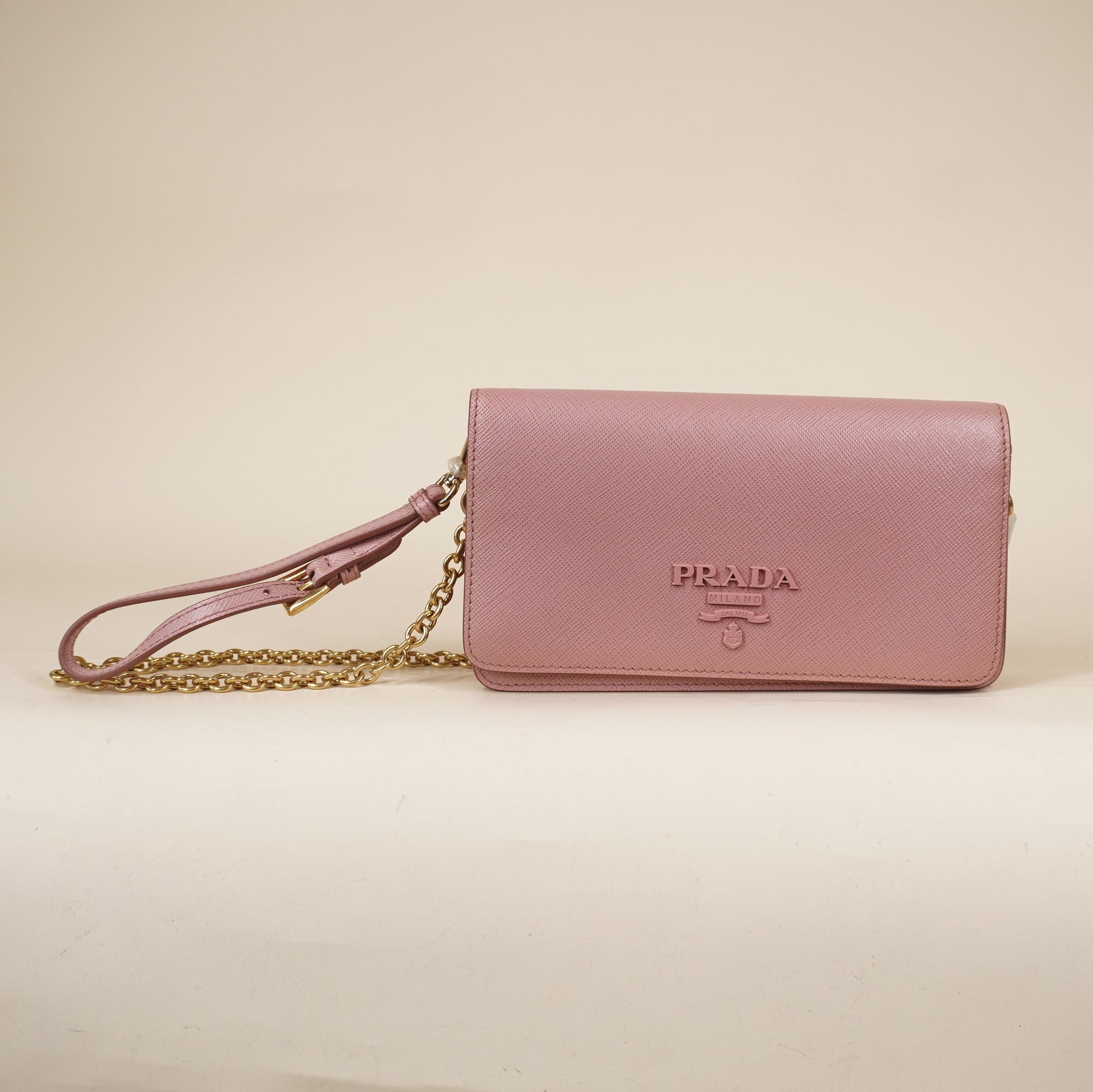 PRE-OWNED Light Pink Cahier Saffiano Leather Wallet on a Chain