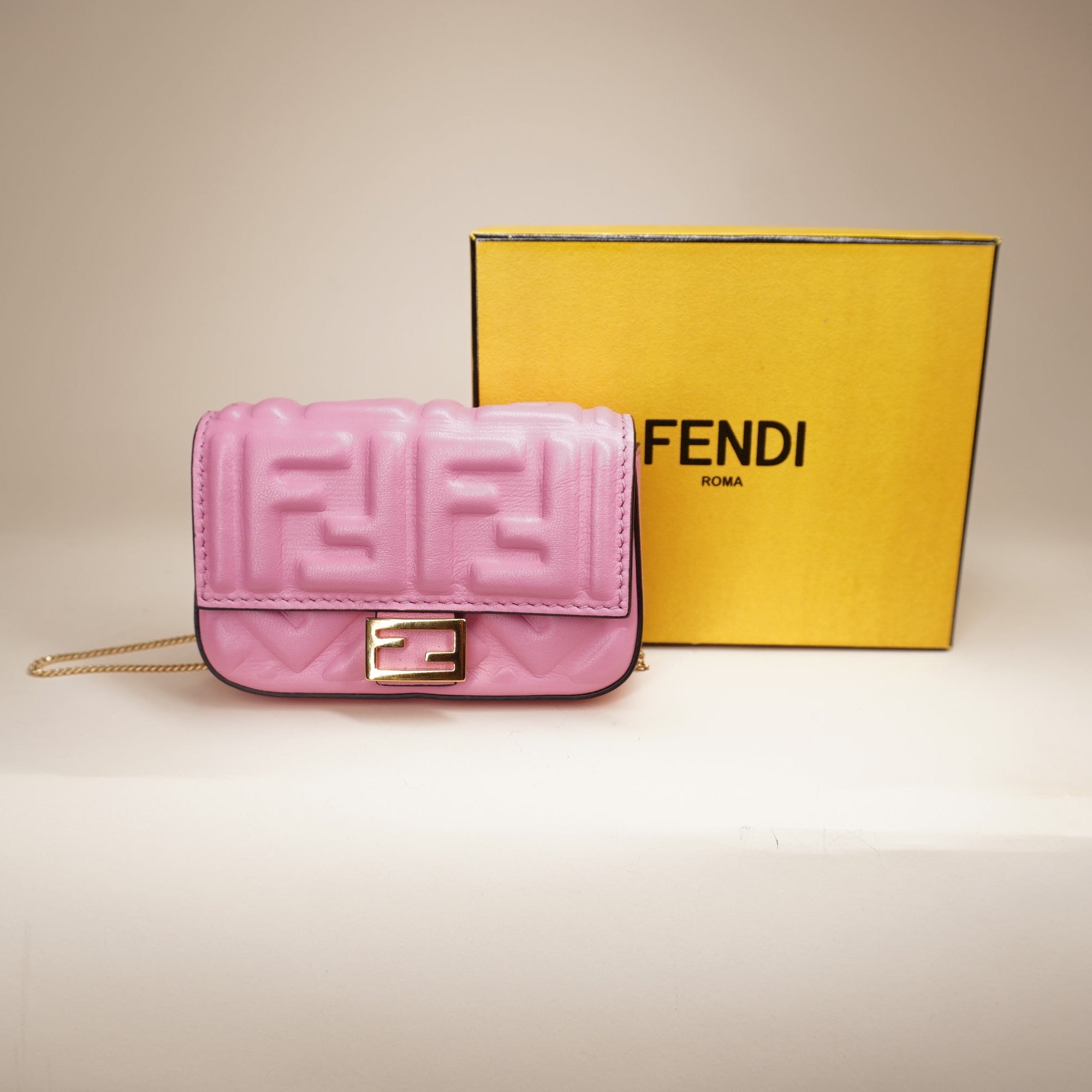 PRE-OWNED Nappa Matisse FF Embossed Nano Baguette Charm Pink