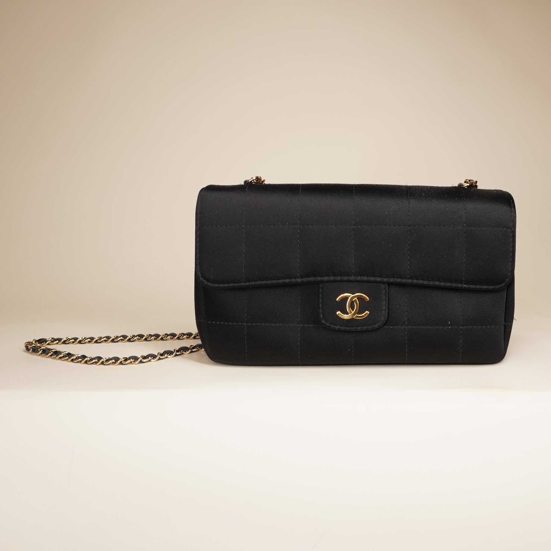 PRE-OWNED CC Black Satin Chocolate Bar Crossbody Bag 