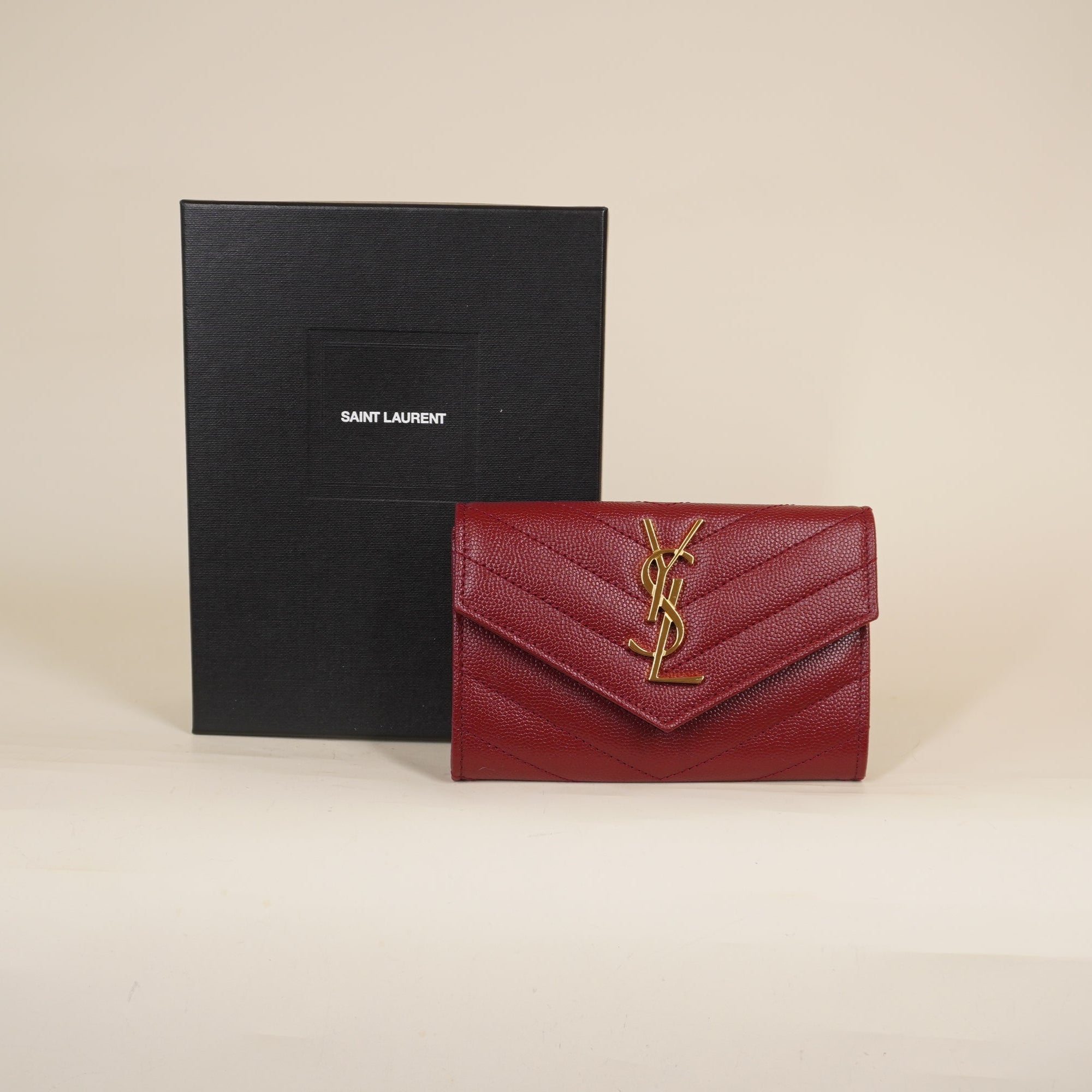 PRE-OWNED Grain De Poudre Matelasse Chevron Small Monogram Envelope Wallet Opyum Red