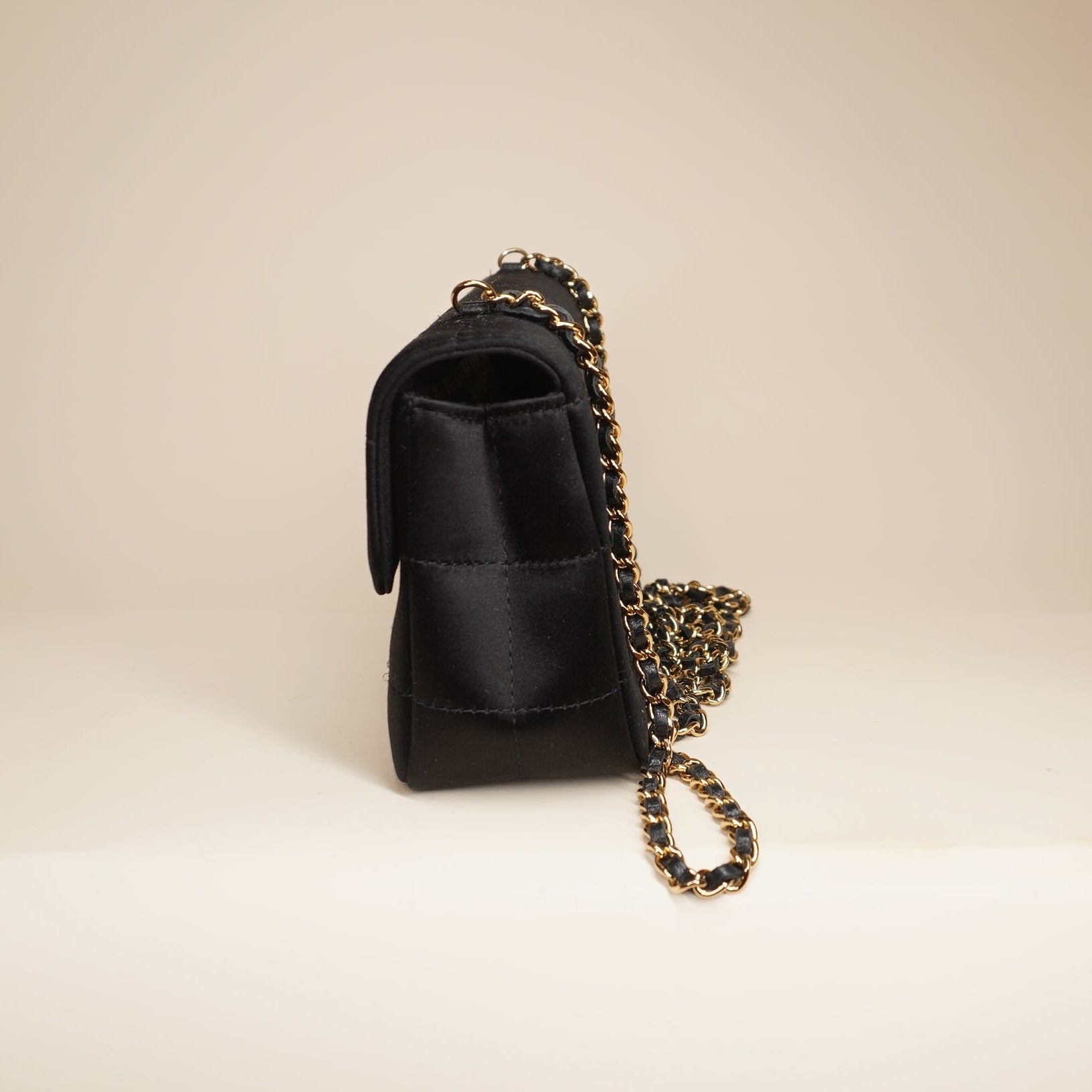 PRE-OWNED CC Black Satin Chocolate Bar Crossbody Bag 