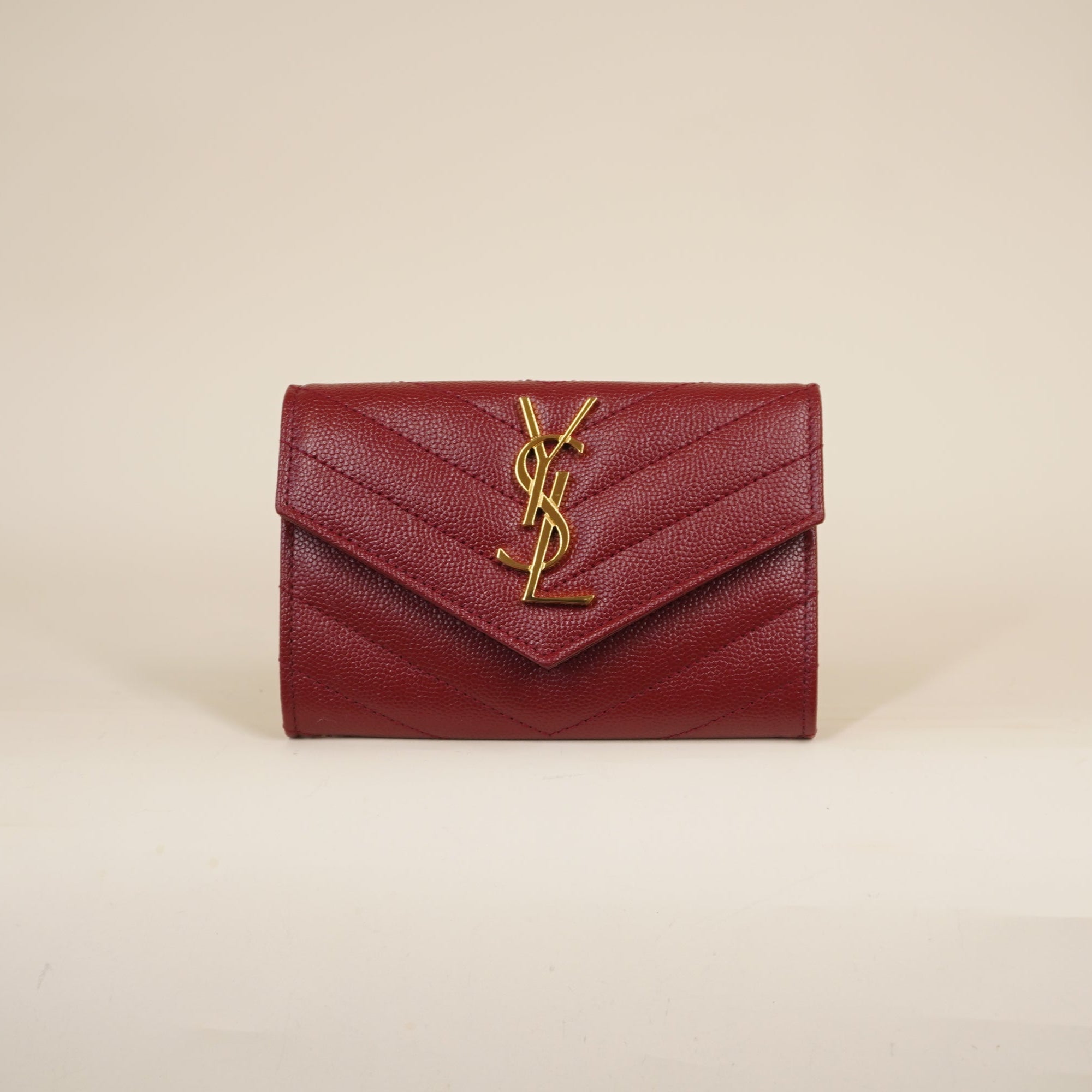 PRE-OWNED Grain De Poudre Matelasse Chevron Small Monogram Envelope Wallet Opyum Red