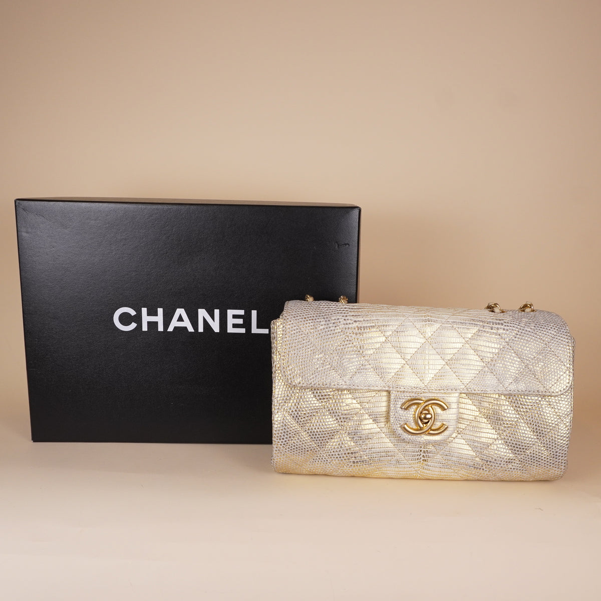 PRE-OWNED CC Metallic Python Medium Double Flap Light Beige