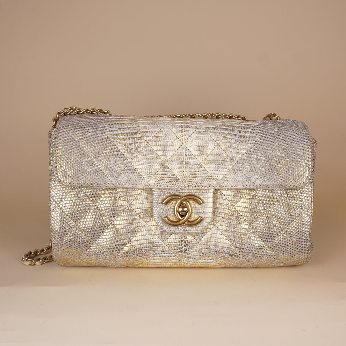 PRE-OWNED CC Metallic Python Medium Double Flap Light Beige