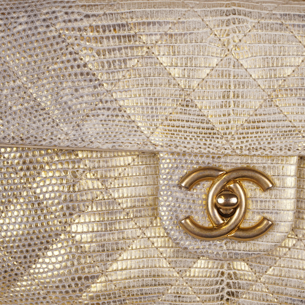 PRE-OWNED CC Metallic Python Medium Double Flap Light Beige