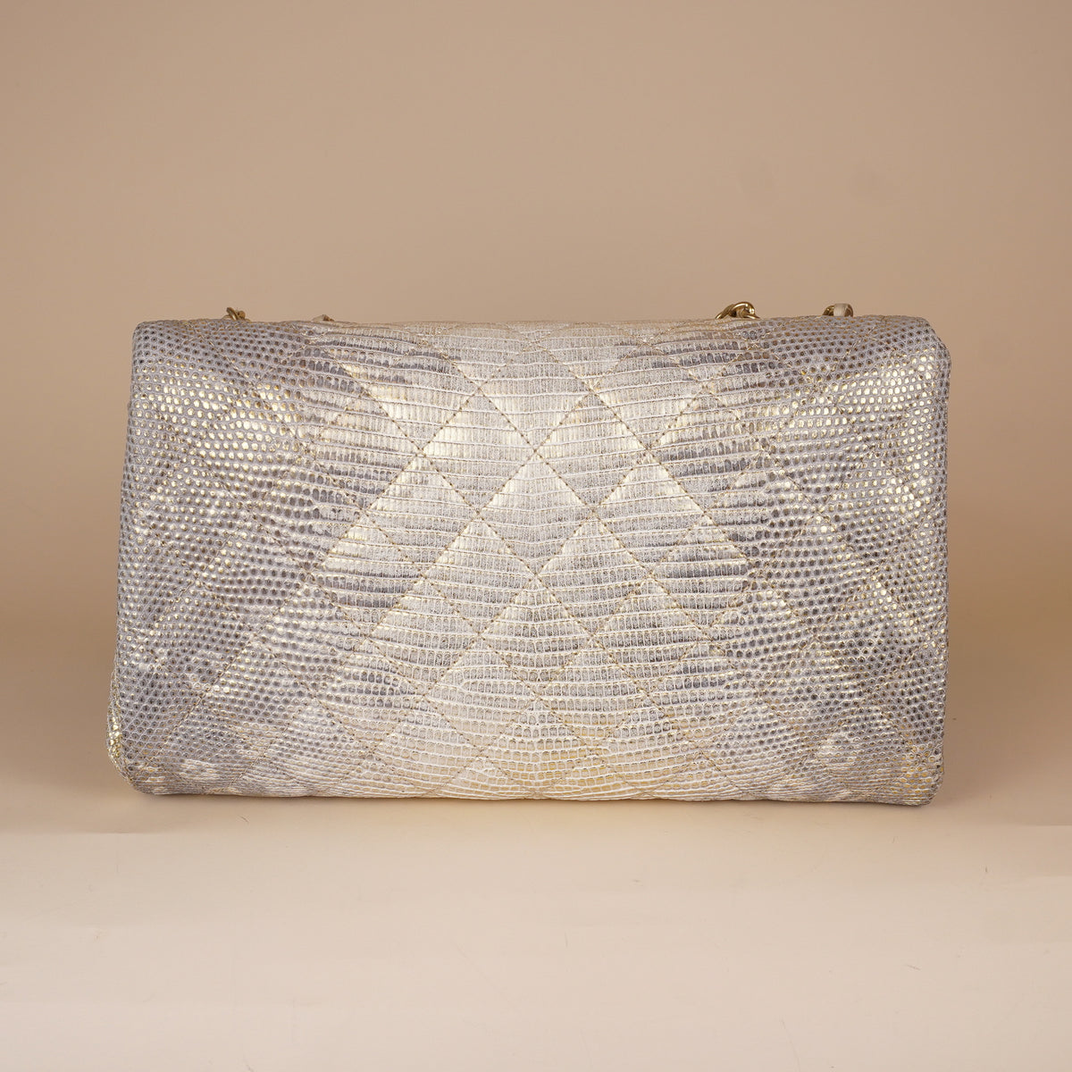 PRE-OWNED CC Metallic Python Medium Double Flap Light Beige