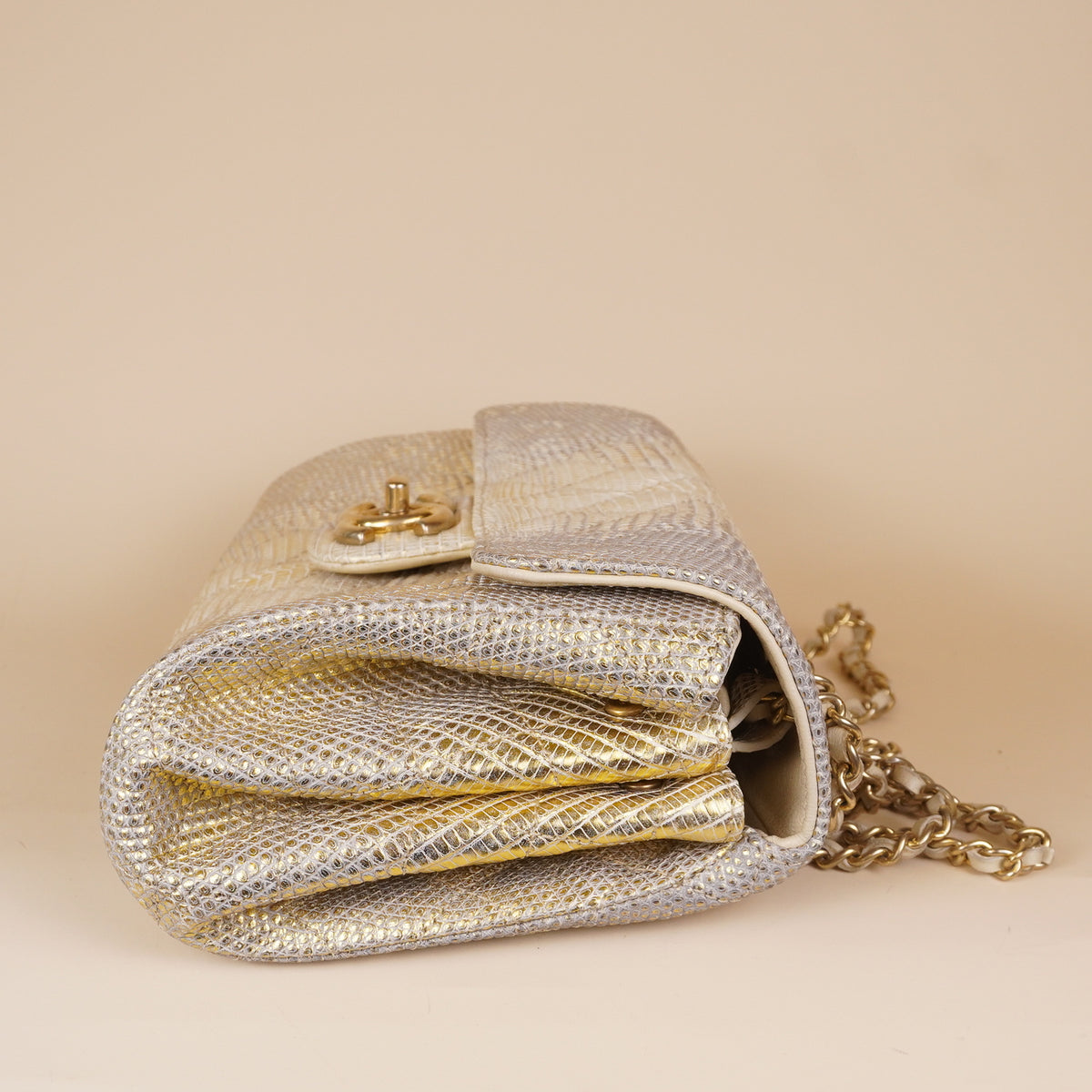 PRE-OWNED CC Metallic Python Medium Double Flap Light Beige