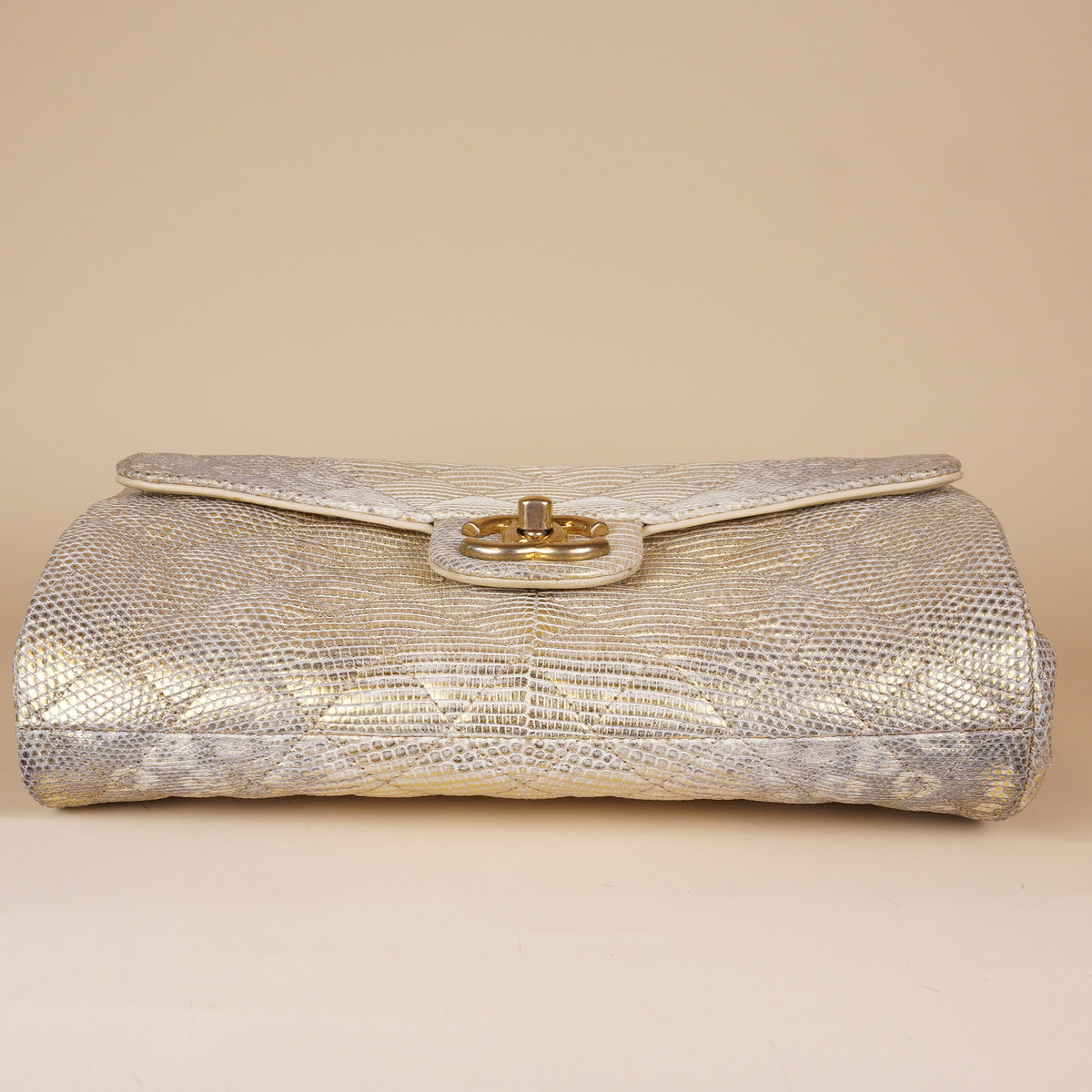 PRE-OWNED CC Metallic Python Medium Double Flap Light Beige