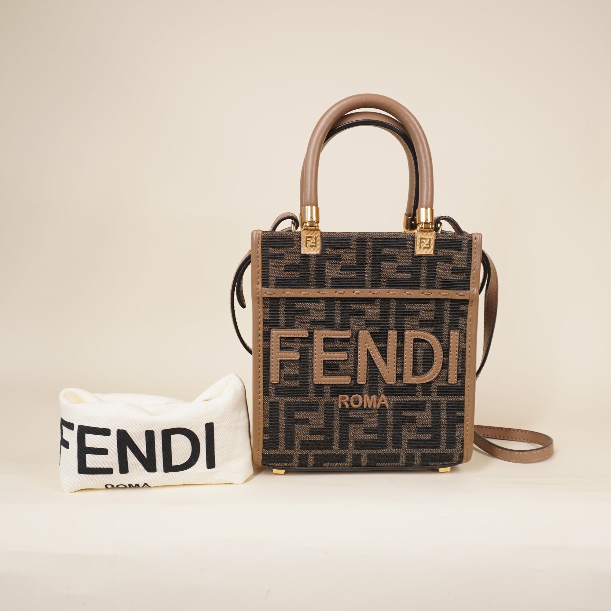 PRE-OWNED Fabric Jacquard Vitello Grace FF 1974 Logo Mini Sunshine Shopper Tobacco Moro Sand