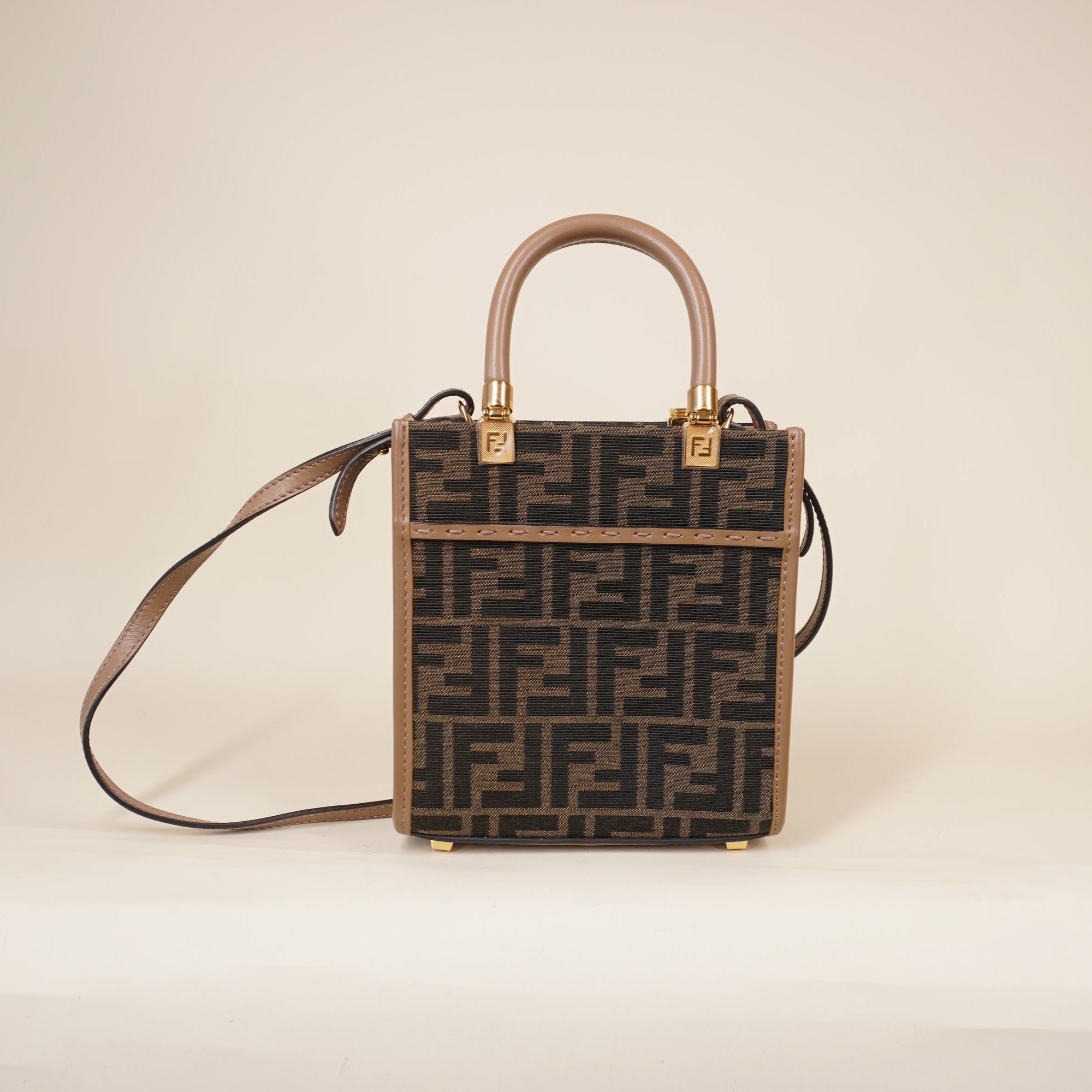 PRE-OWNED Fabric Jacquard Vitello Grace FF 1974 Logo Mini Sunshine Shopper Tobacco Moro Sand