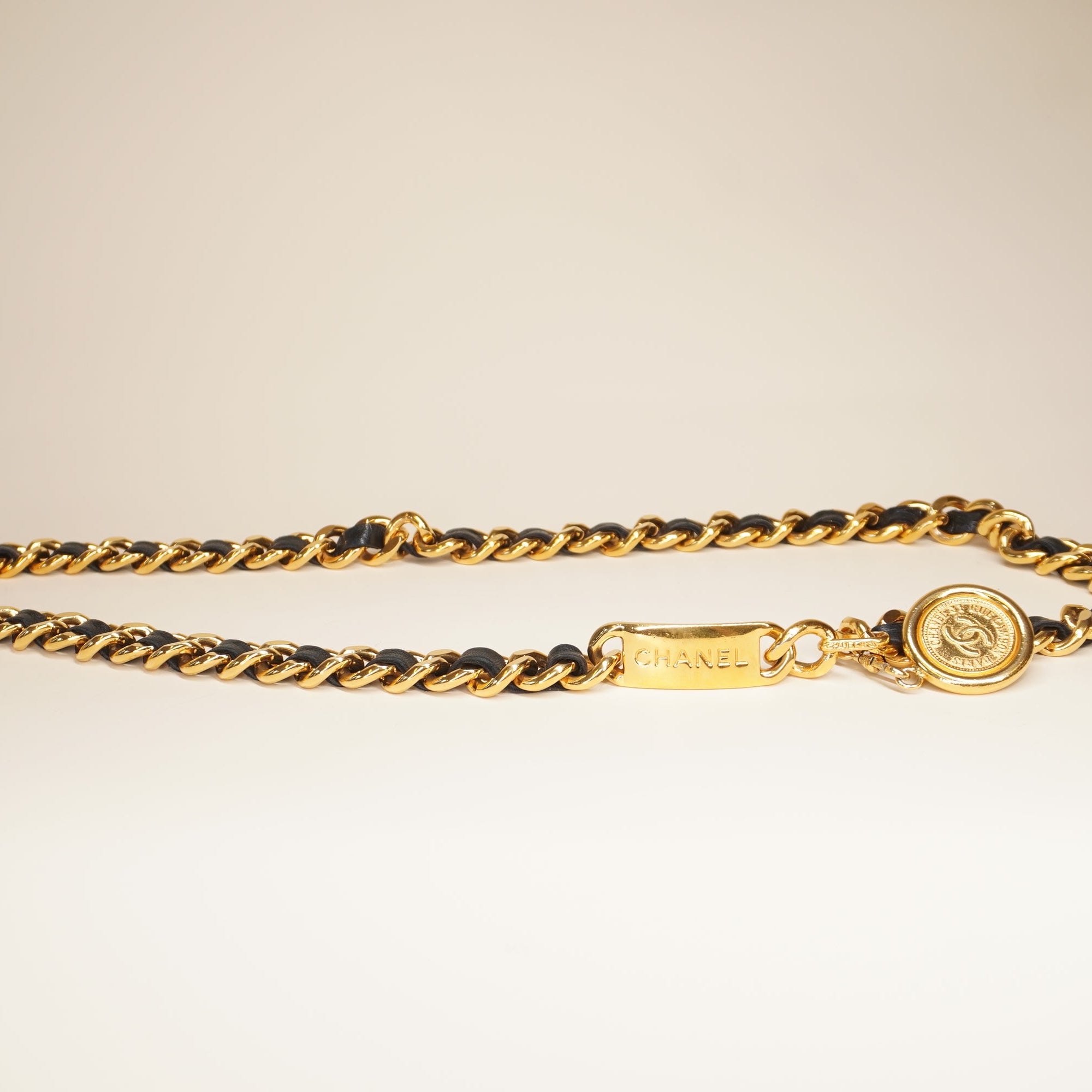 Black CC Medallion Chain Leather Belt