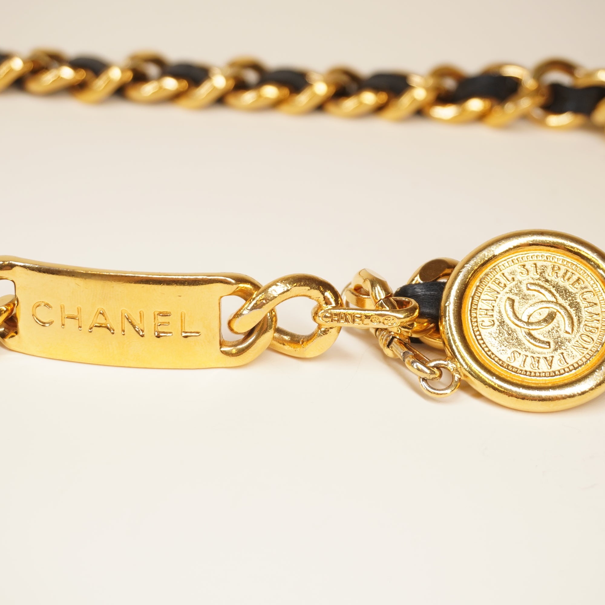 Black CC Medallion Chain Leather Belt