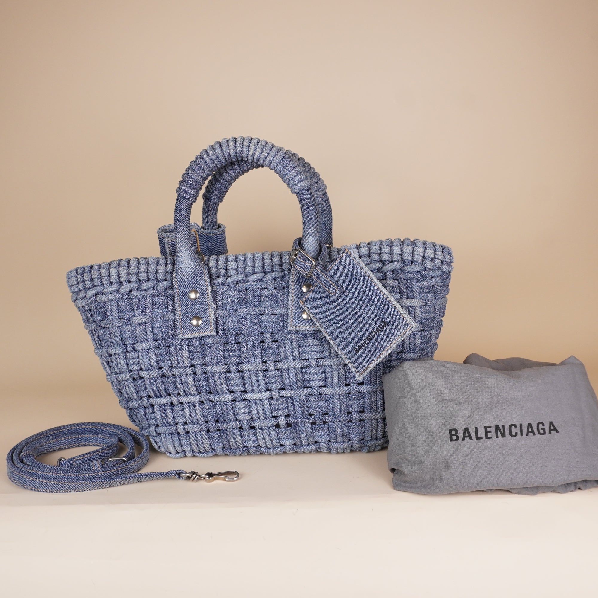 PRE-OWNED Washed Frayed Denim Braided XS Bistro Basket Blue