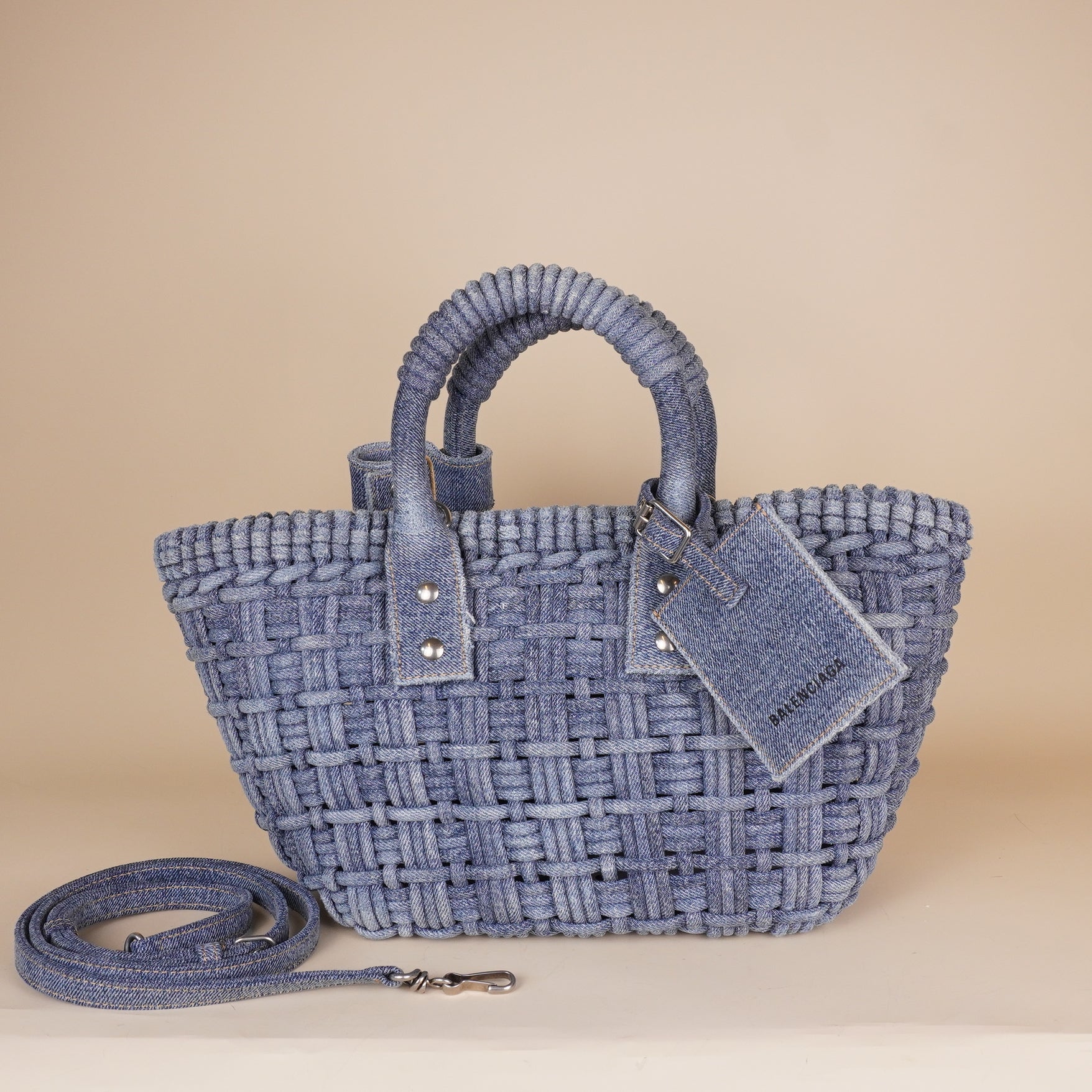 PRE-OWNED Washed Frayed Denim Braided XS Bistro Basket Blue