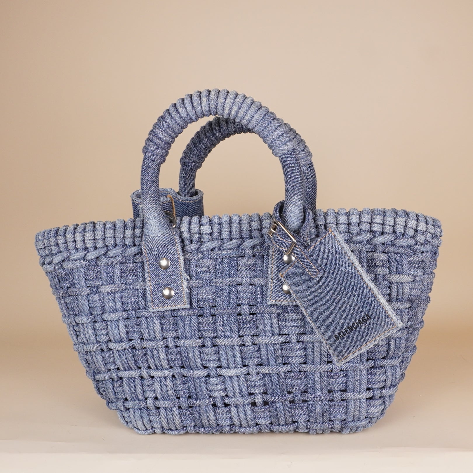 PRE-OWNED Washed Frayed Denim Braided XS Bistro Basket Blue