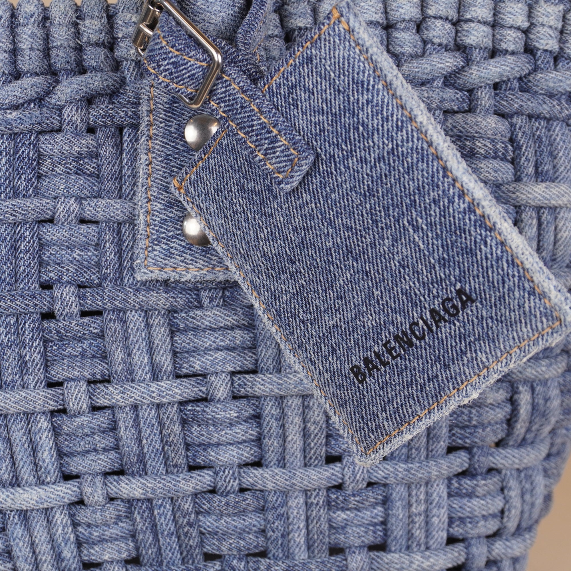 PRE-OWNED Washed Frayed Denim Braided XS Bistro Basket Blue
