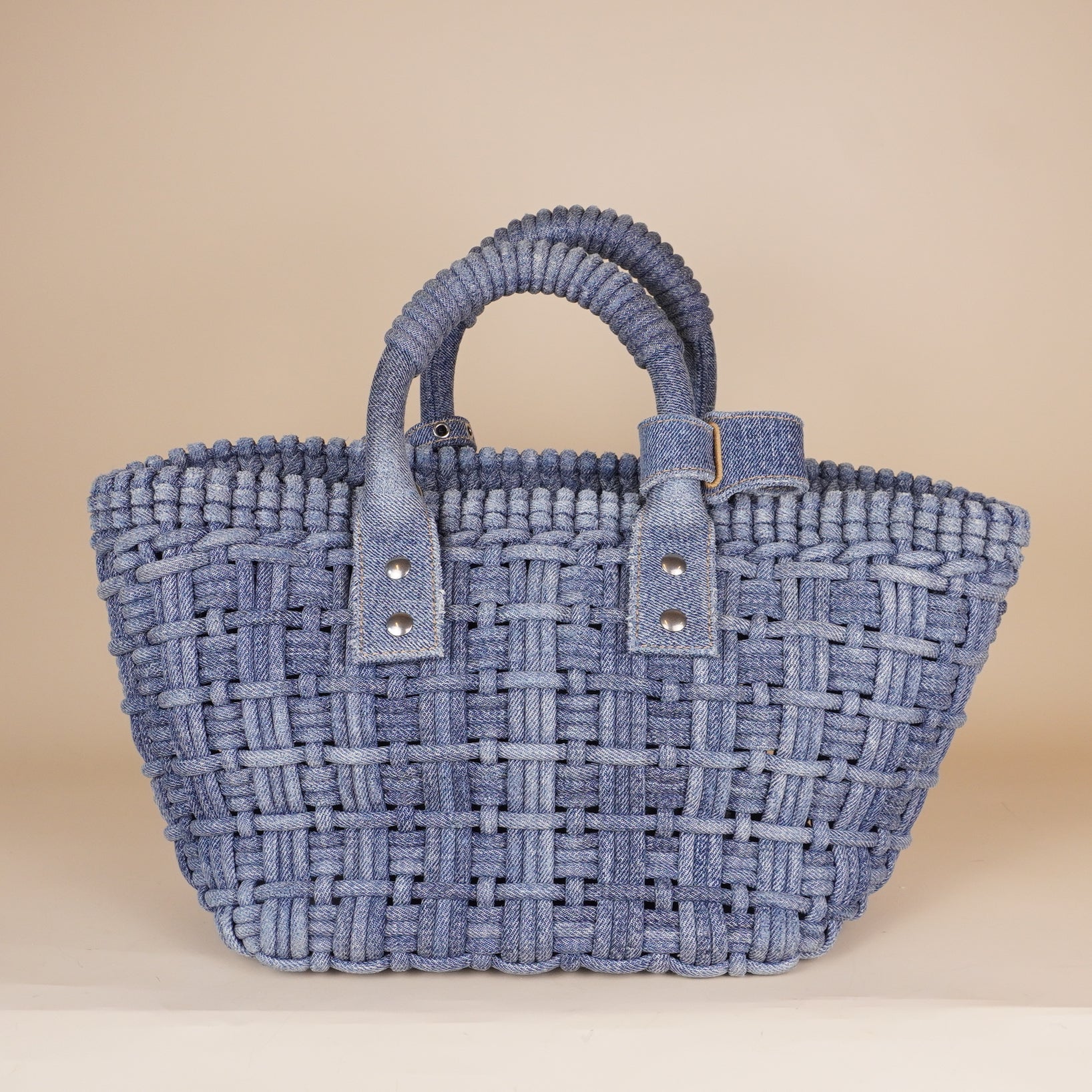 PRE-OWNED Washed Frayed Denim Braided XS Bistro Basket Blue