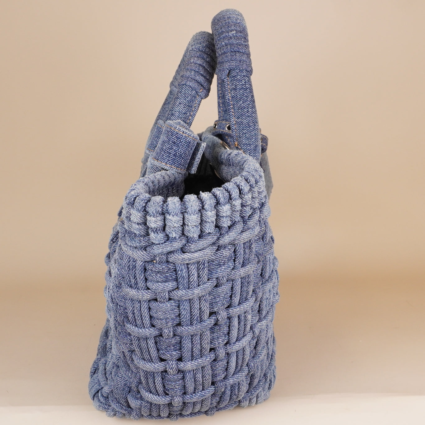 PRE-OWNED Washed Frayed Denim Braided XS Bistro Basket Blue