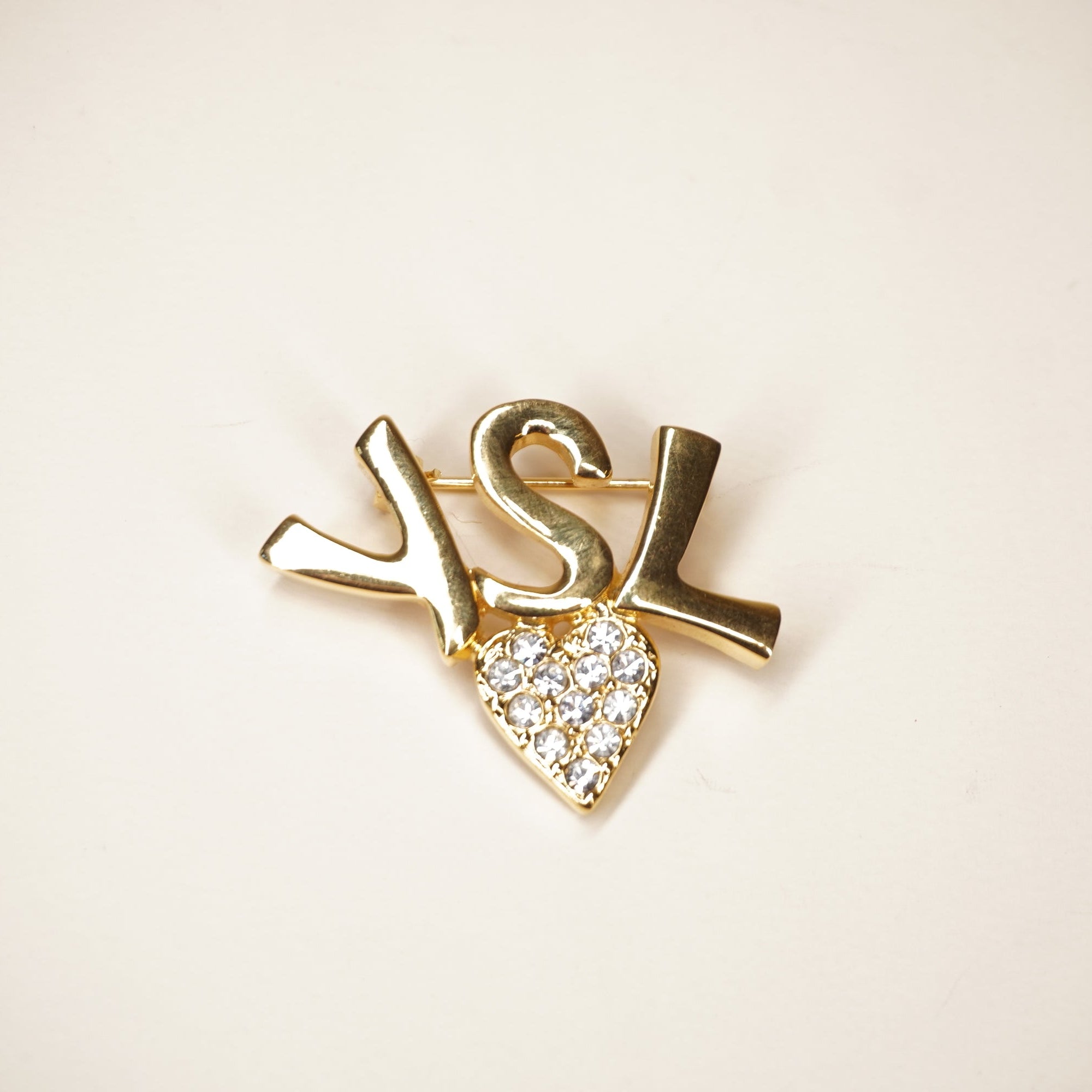 PRE-OWNED YSL Gold Tone Brooch with Heart Shape Rhinestone