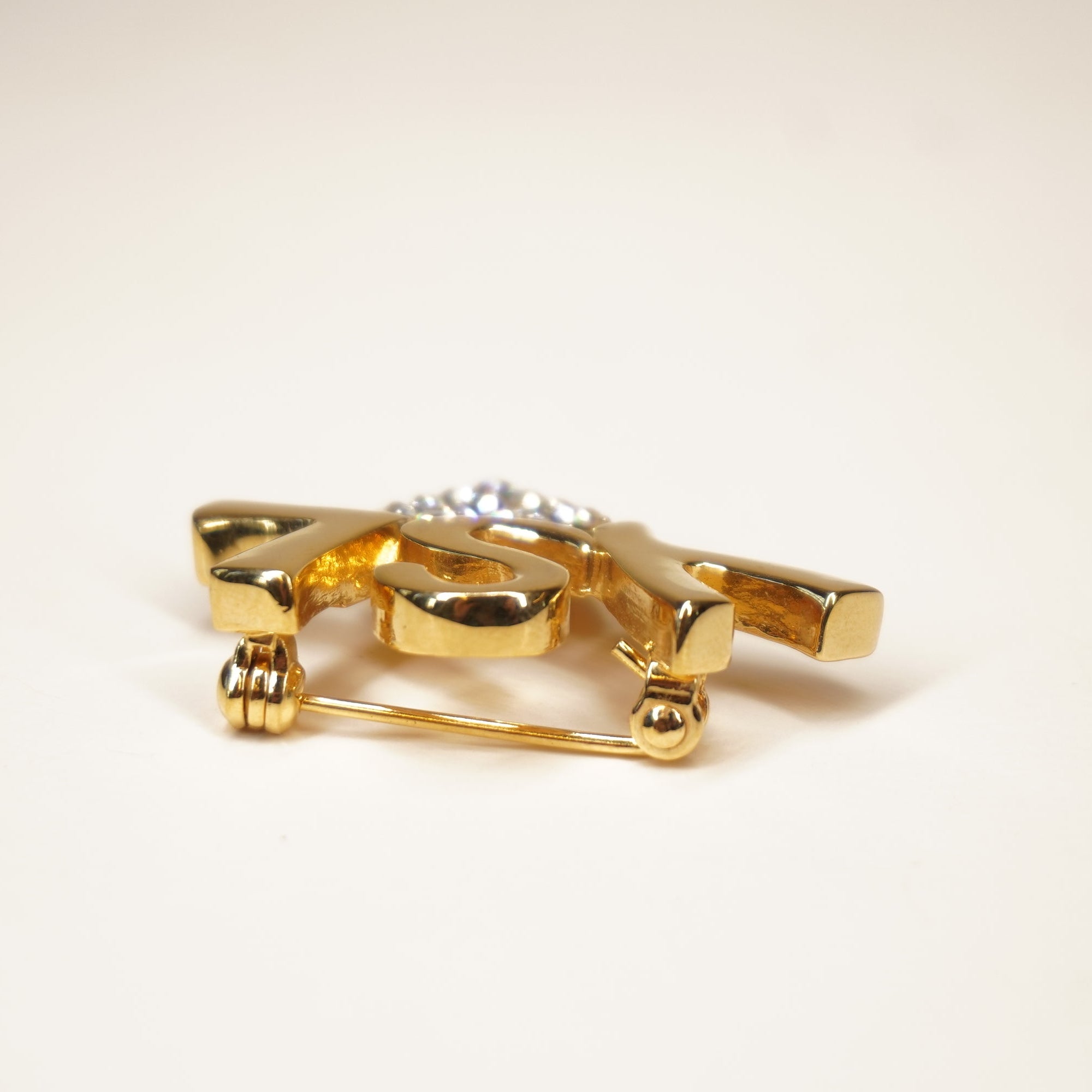 PRE-OWNED YSL Gold Tone Brooch with Heart Shape Rhinestone