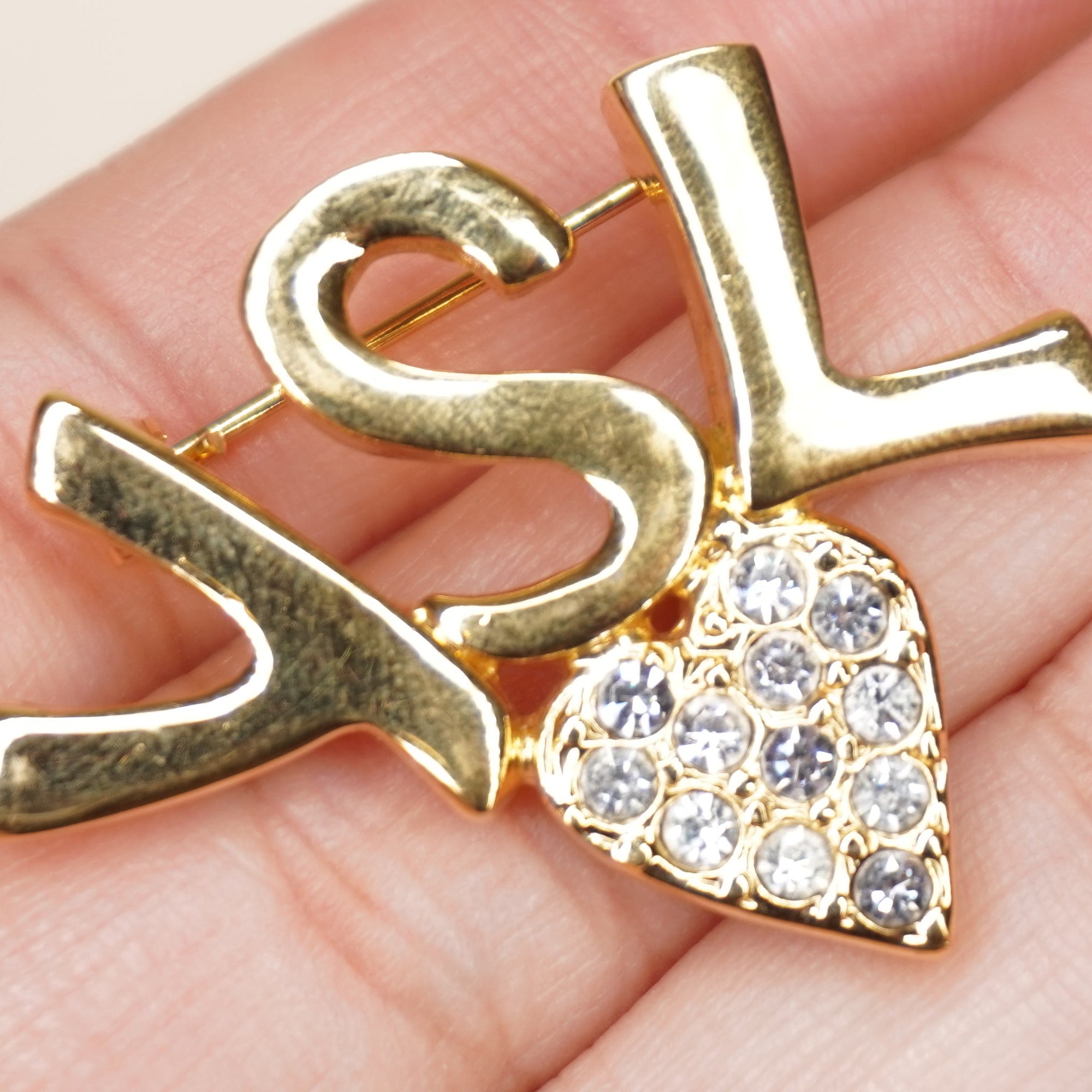 PRE-OWNED YSL Gold Tone Brooch with Heart Shape Rhinestone