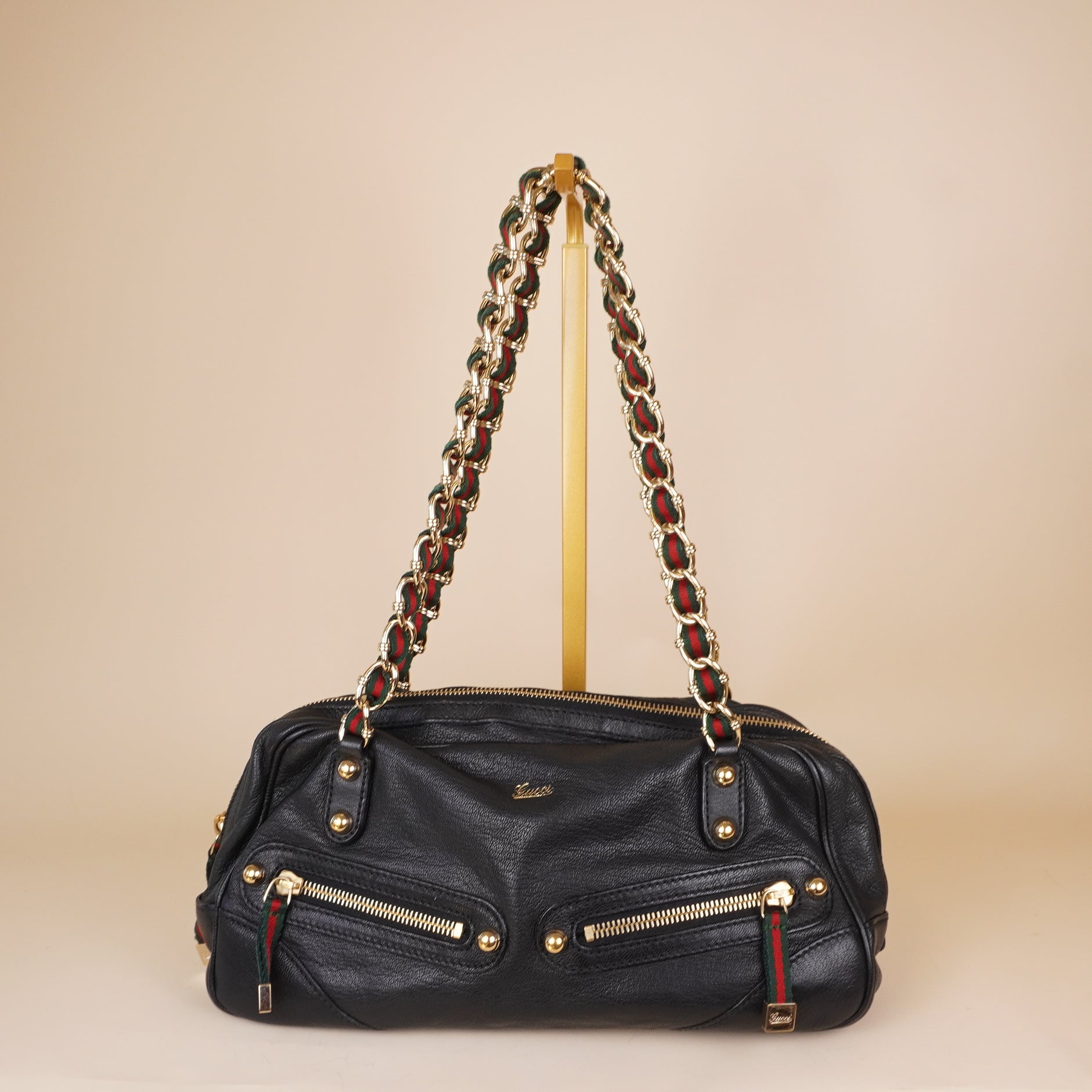 PRE-OWNED GG Black Leather Capri Bowler Bag