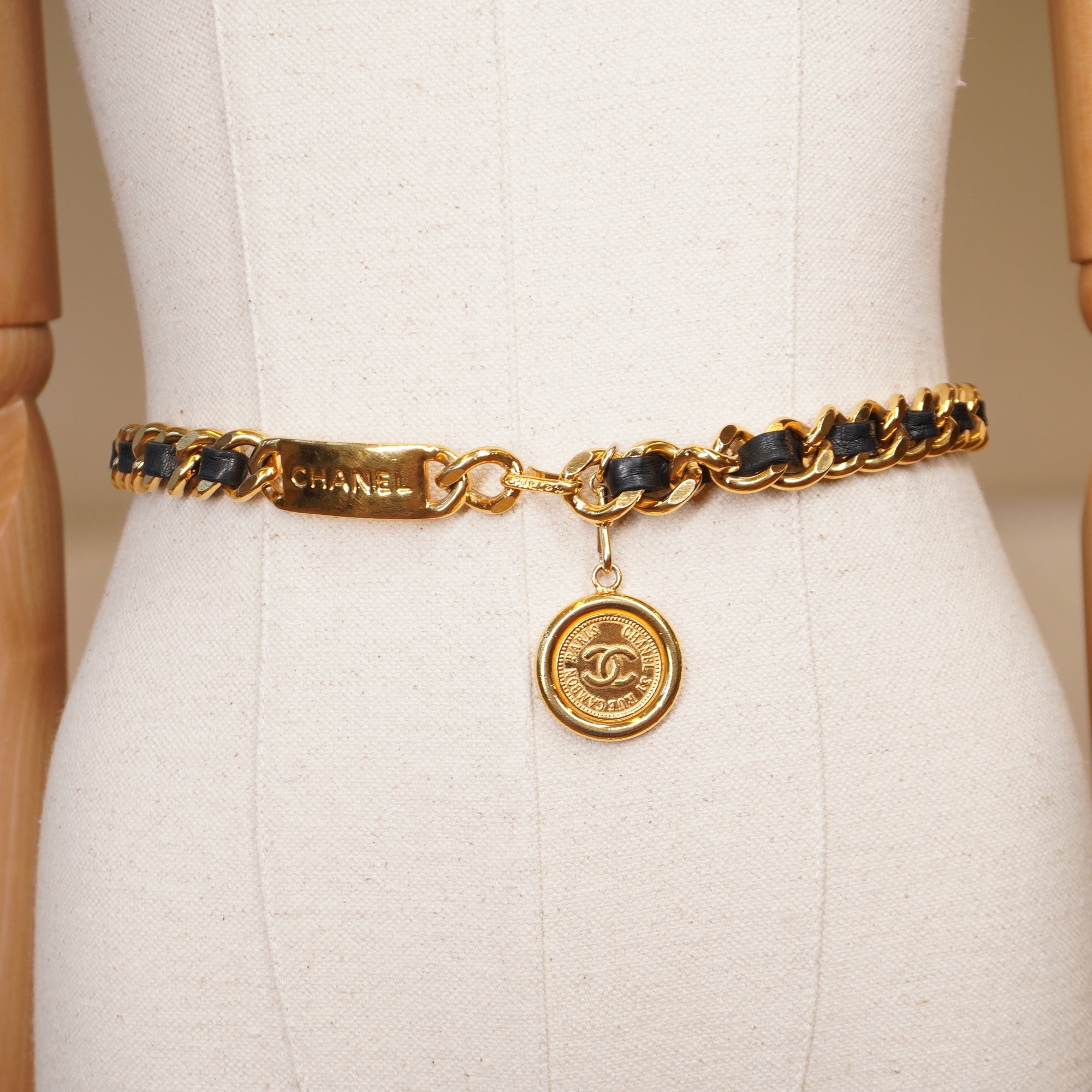 Black CC Medallion Chain Leather Belt