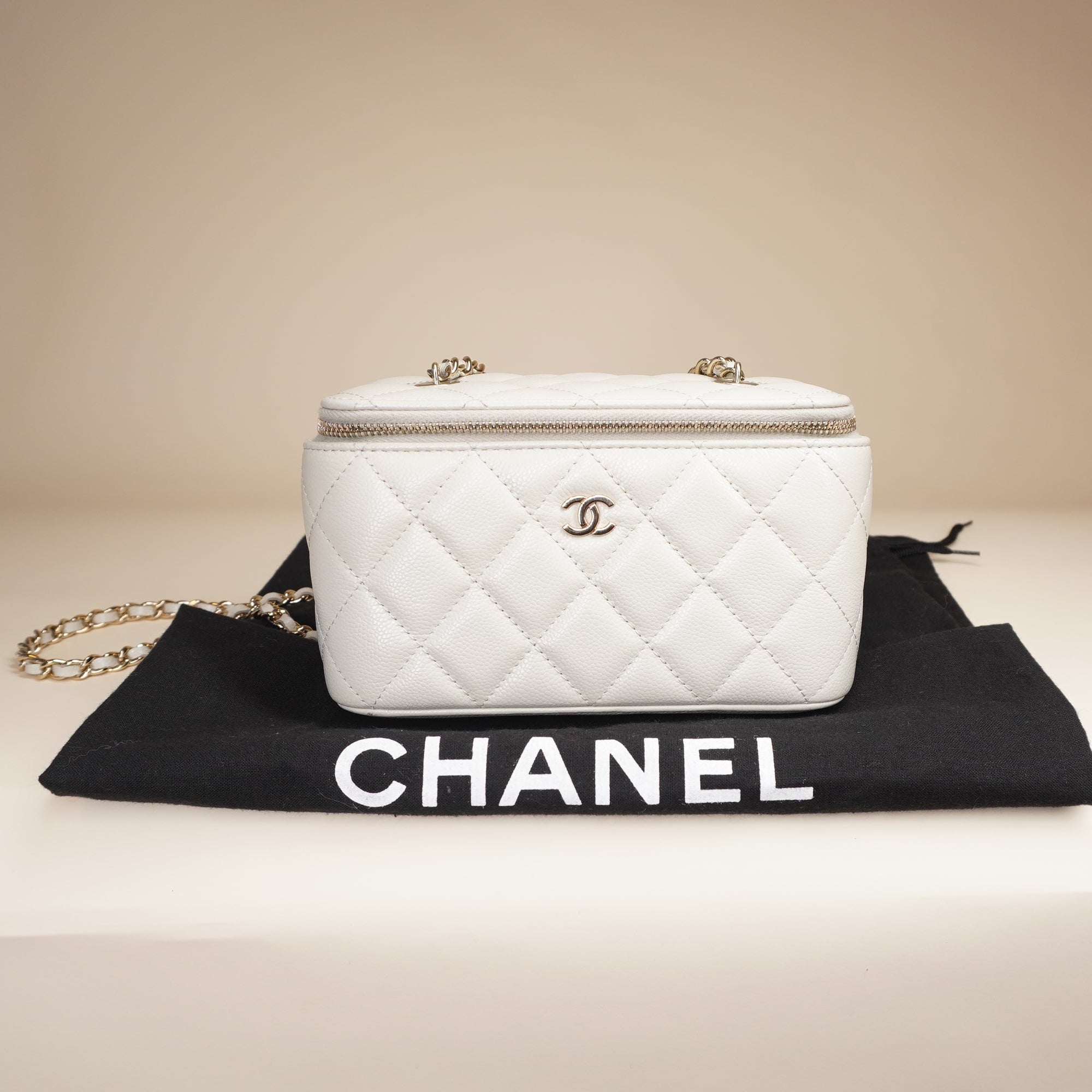 PRE-OWNED Small Vanity Case White Caviar Light Gold Hardware