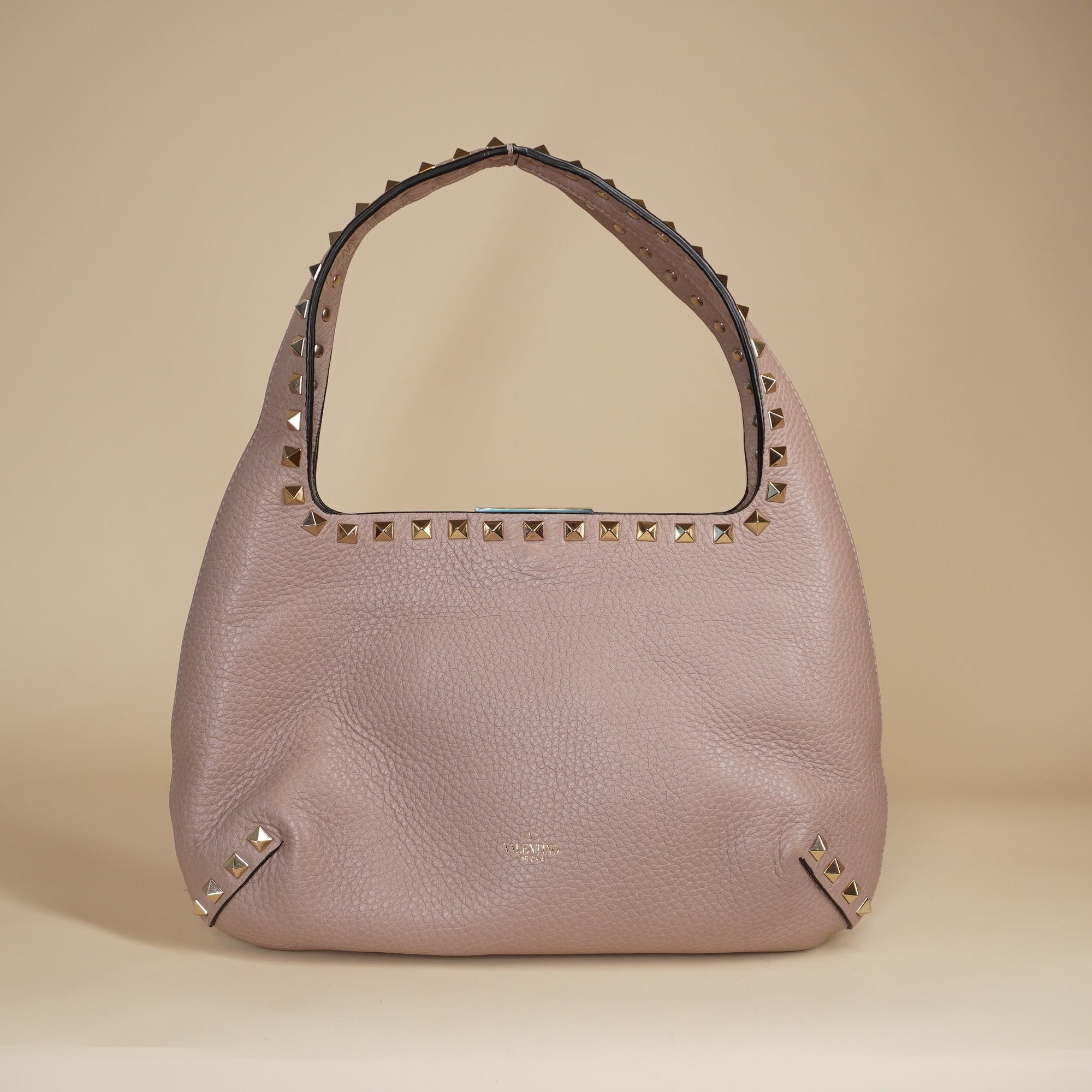 PRE-OWNED Pebbled Calfskin Small Rockstud Flip Lock Hobo Shoulder Bag