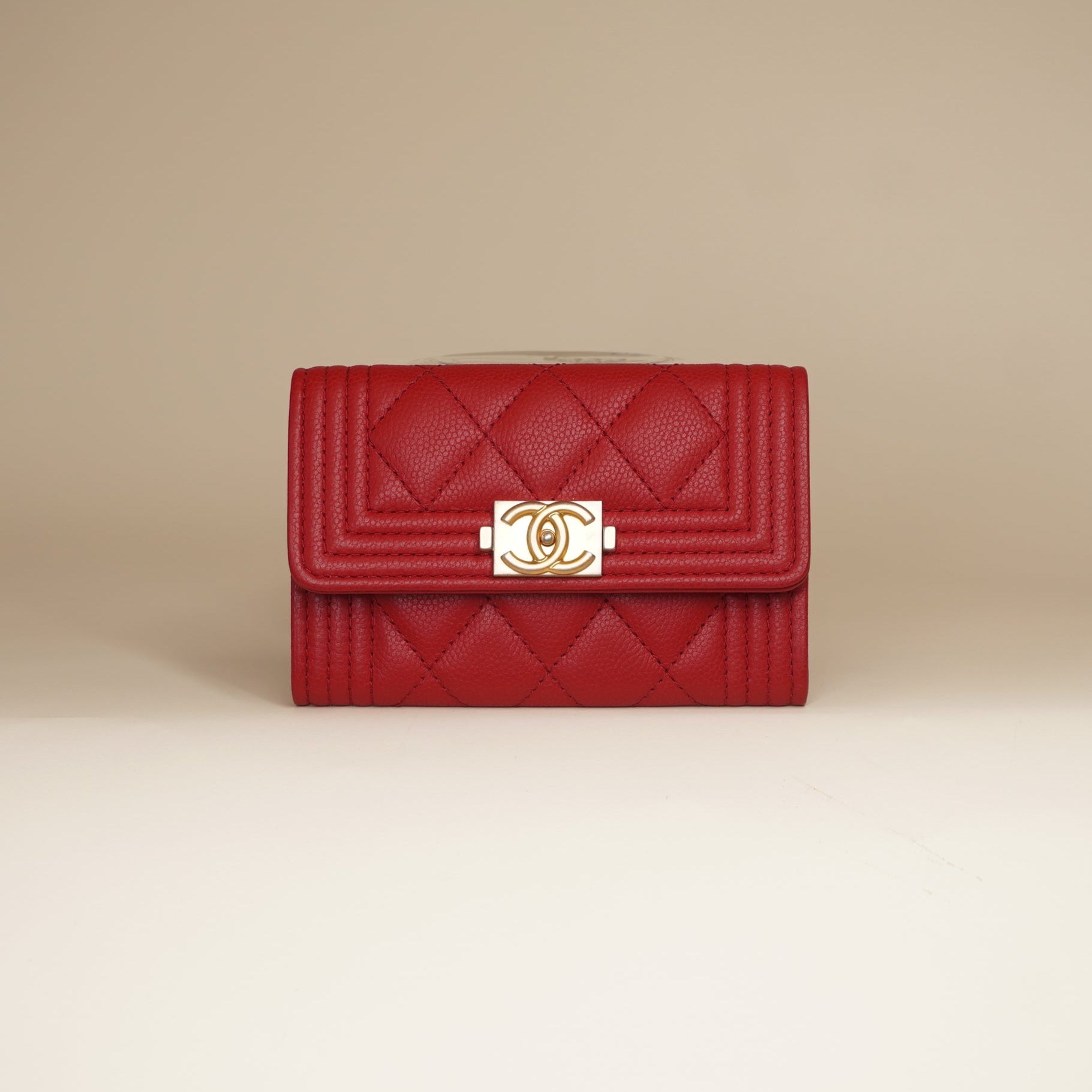 PRE-OWNED CC Red Caviar Quilted Boy Flap Card Holder