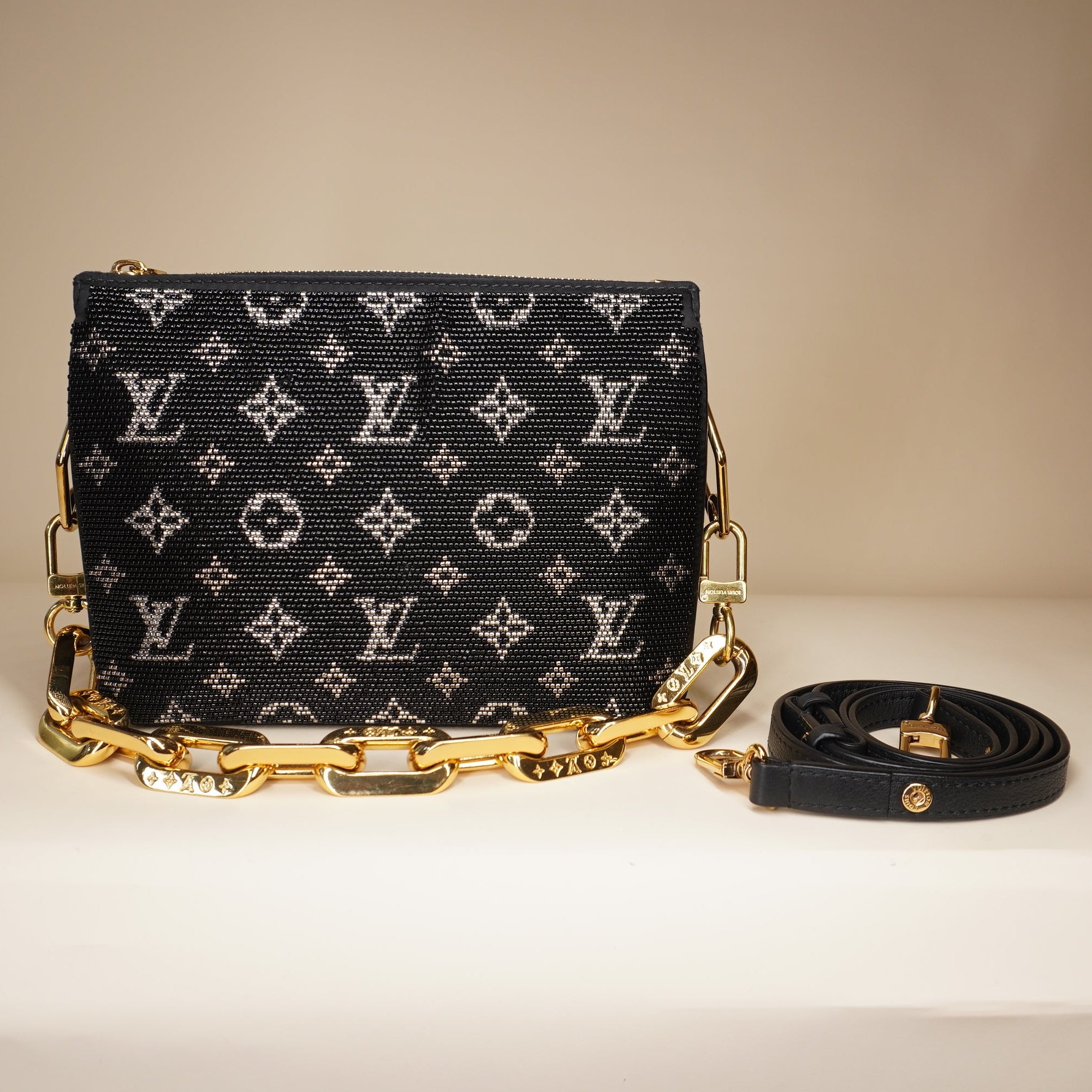 PRE-OWNED LV Black Satin Beaded Embroidered Monogram Coussin BB
