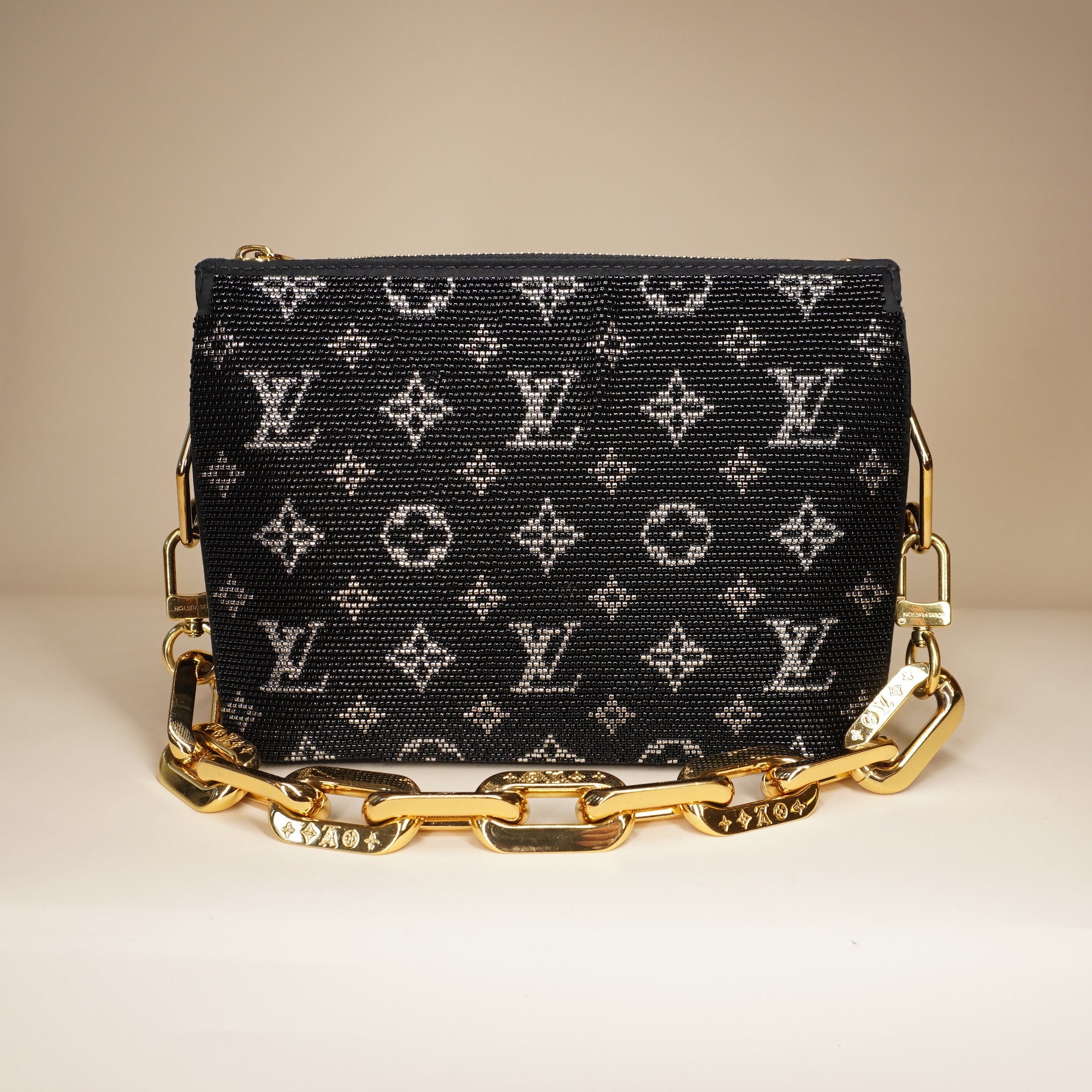 PRE-OWNED LV Black Satin Beaded Embroidered Monogram Coussin BB