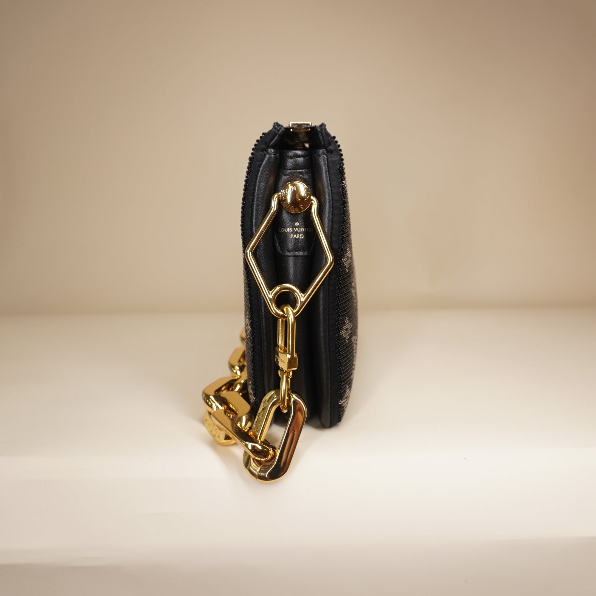 PRE-OWNED LV Black Satin Beaded Embroidered Monogram Coussin BB