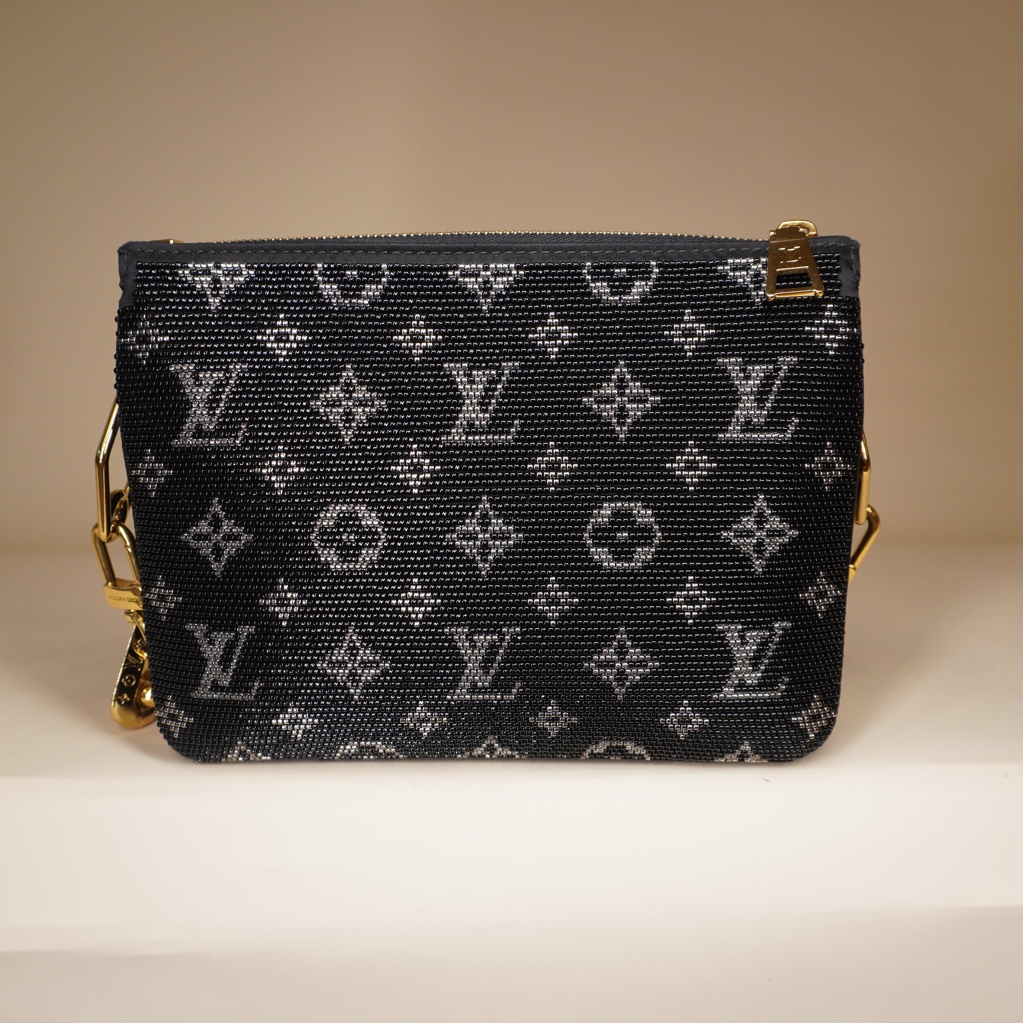 PRE-OWNED LV Black Satin Beaded Embroidered Monogram Coussin BB