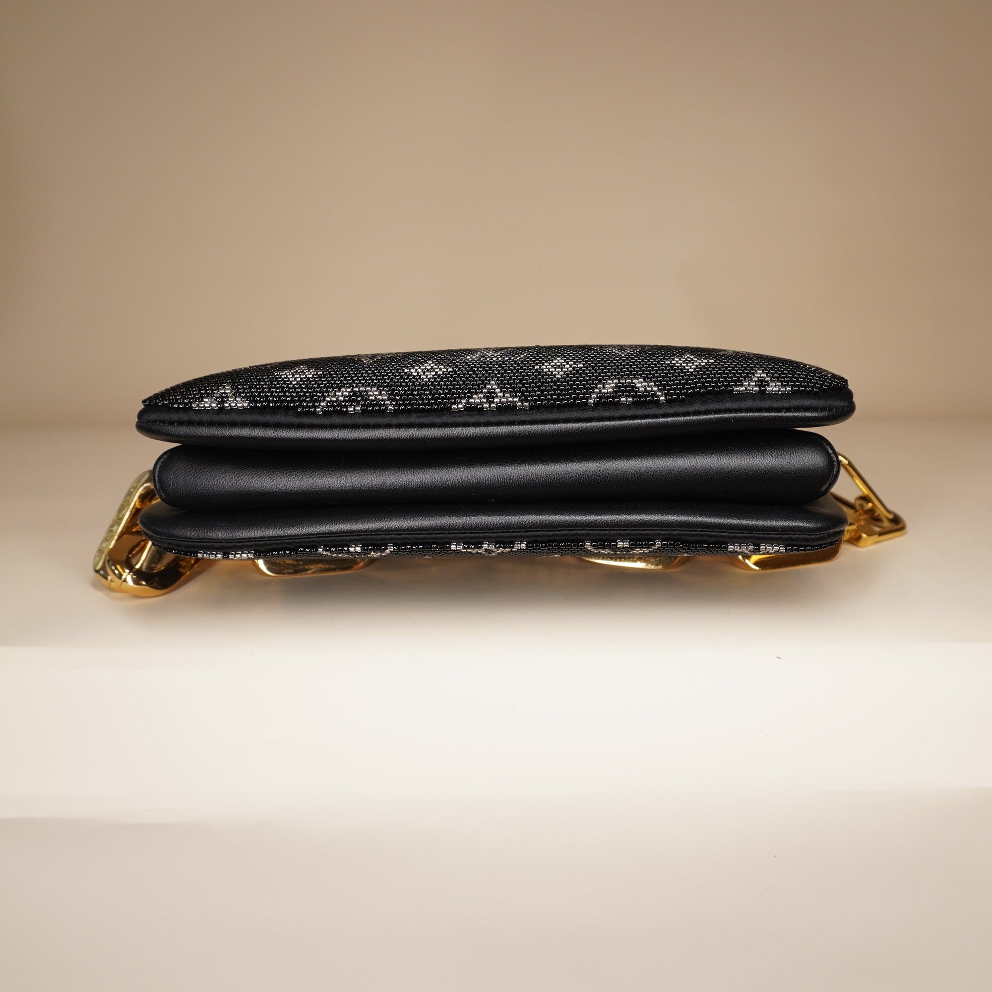 PRE-OWNED LV Black Satin Beaded Embroidered Monogram Coussin BB