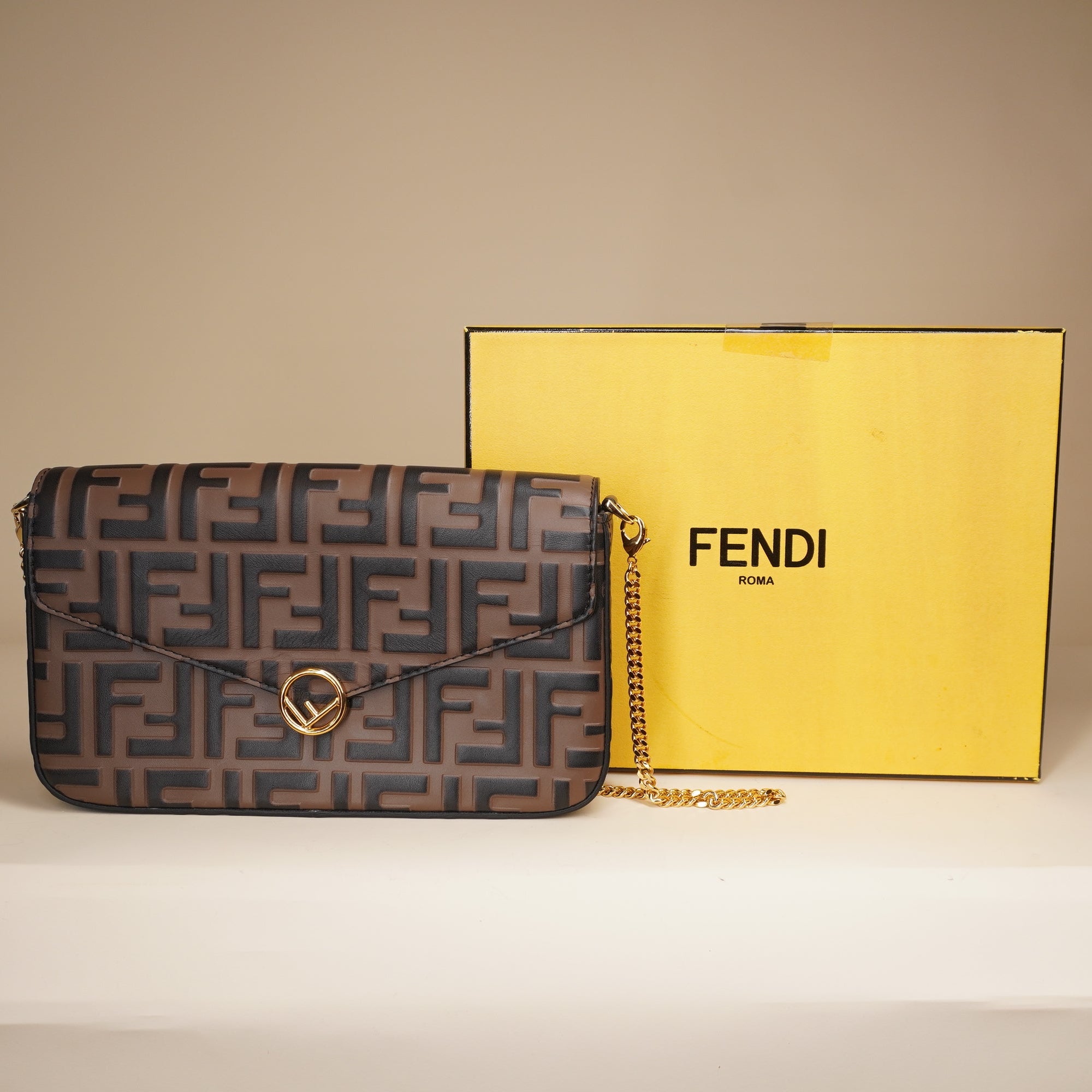 PRE-OWNED F is Fendi Envelope on Chain Zucca Embossed Leather Crossbody Bag