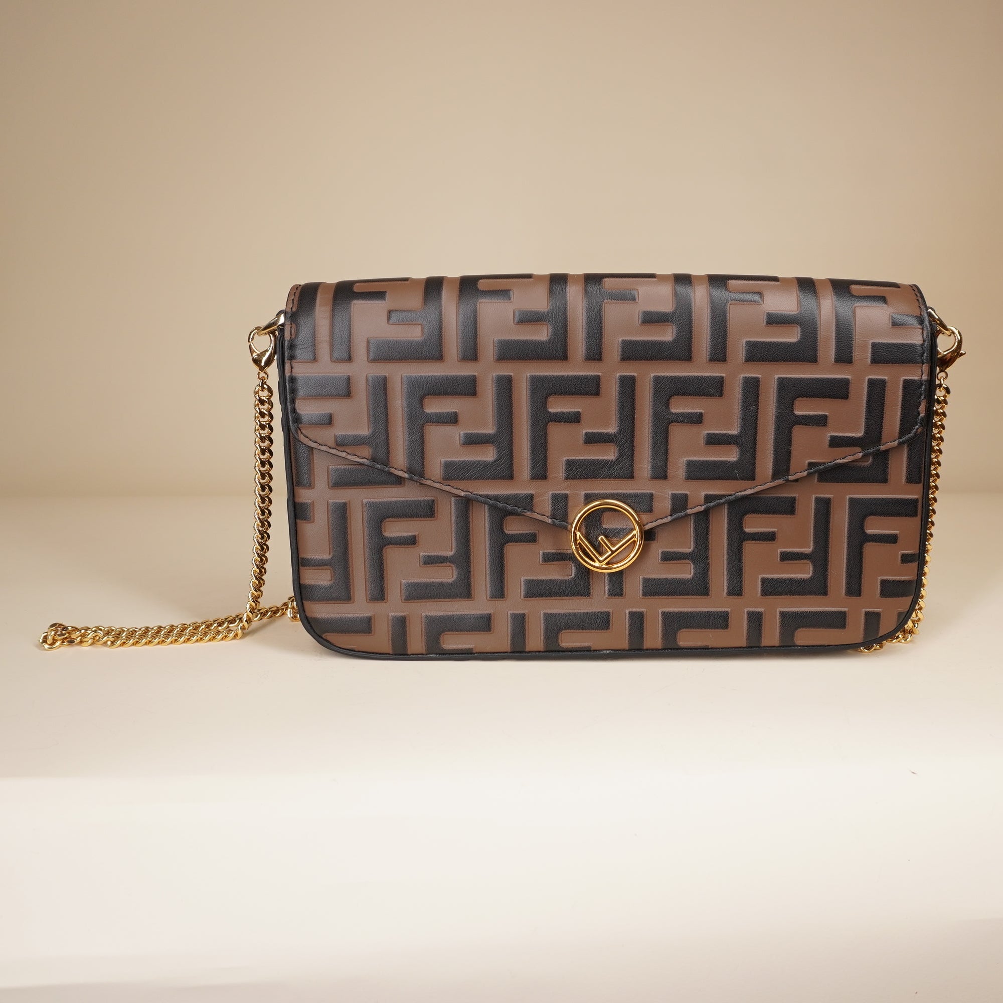 PRE-OWNED F is Fendi Envelope on Chain Zucca Embossed Leather Crossbody Bag